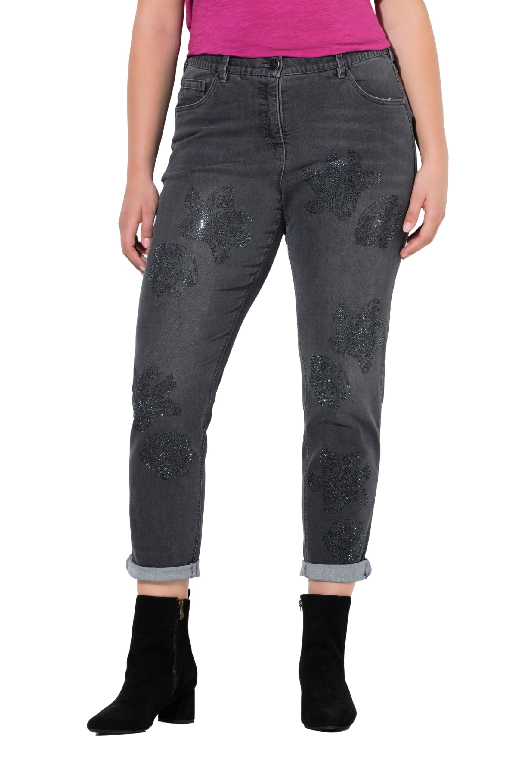 Ulla Popken Damen große Größen Übergrößen Plus Size Boyfriend-Jeans, Blüten, Ziersteine, Stretch 845604