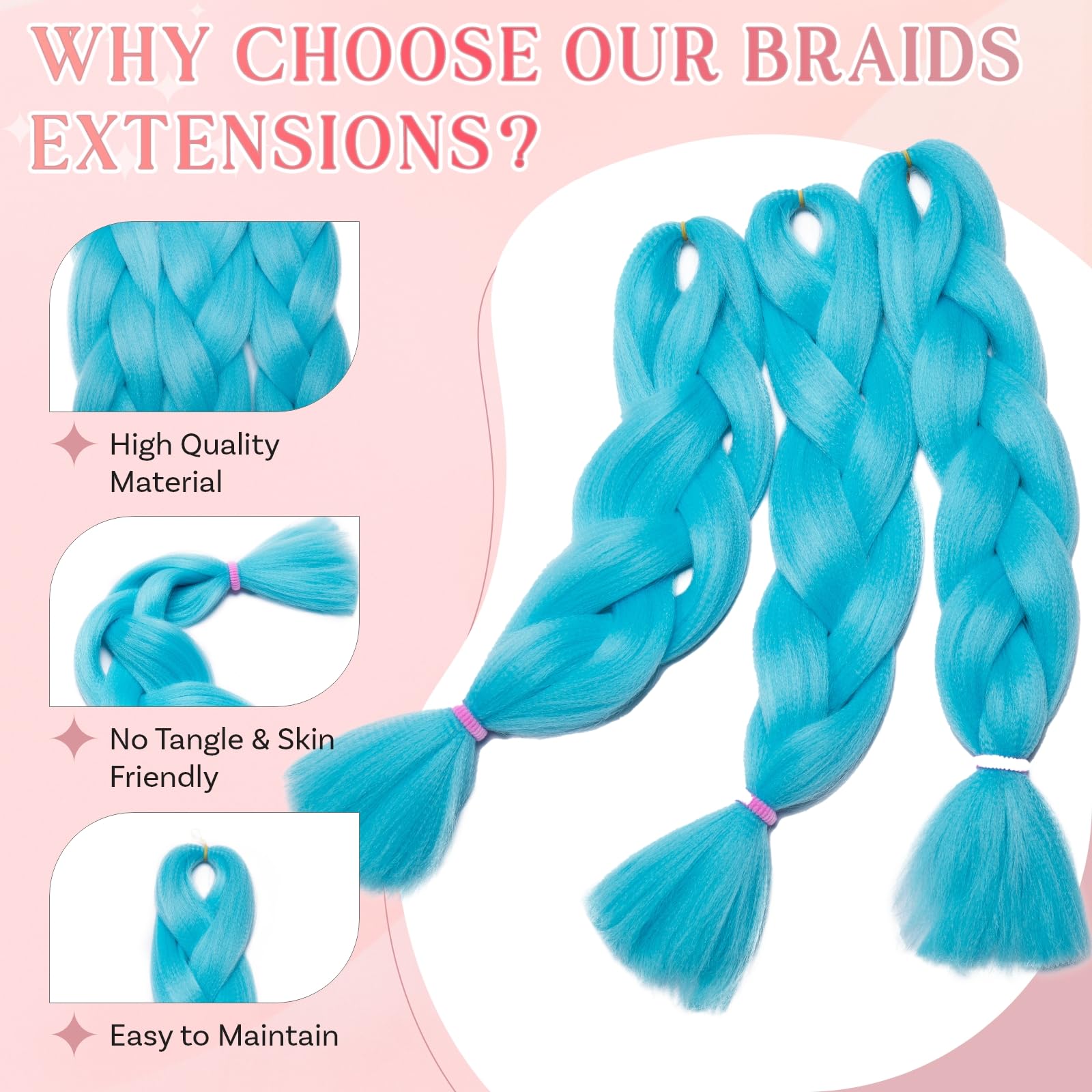 SEGO Pro Braiding Hair Extensions 24 Inch Yaki Synthetic Jumbo Box Braid Hair for Crochet Twist Braids for Women Pack of 3 (Sky Blue) - Image 4