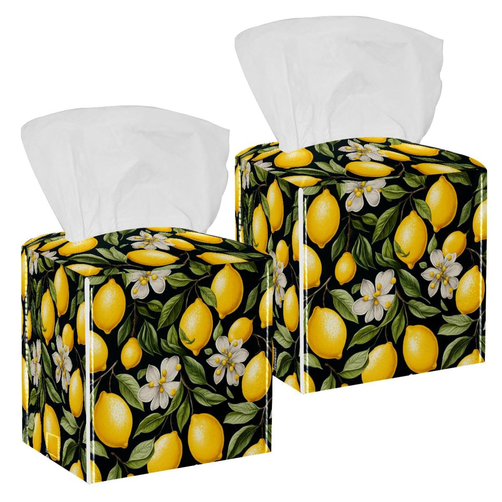 Lemon Tissue Box Cover, 2 Pack PU Leather Square Facial Tissue Dispenser Box holder for Home Office Car