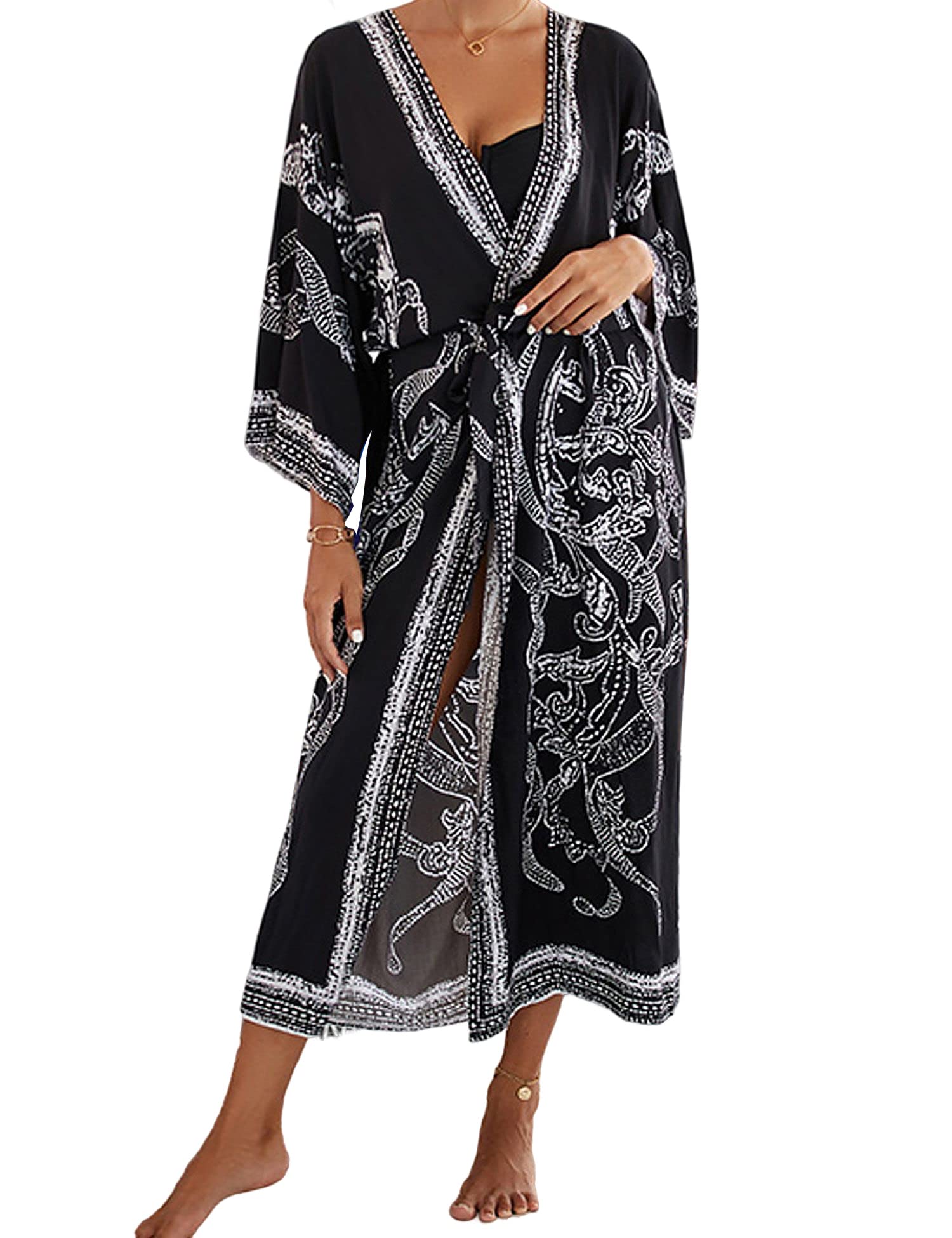 Heersan Mujer Floral Kaftan Mujer Ropa de Baño Playa Pareos Bohemia Suelto Verano Cover Up Blusa Homewear Cubrir Vestido de Talla Grande para Mujer