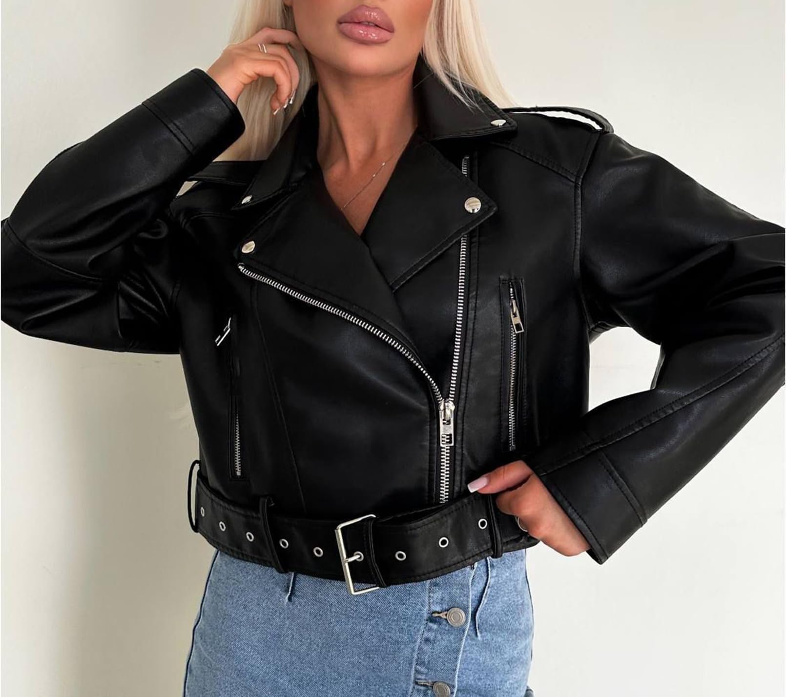Generisch Damen Sexy PU-Leder Freizeit Reißverschluss Revers Lange Ärmel Kurzer Stil Lederjacke Jacke Mantel Bühne Kleidung