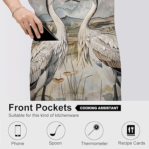 Miniatura 5 de MUSM Apron for Adults - 27.6 X 31.5 Inch, Heavy-Duty Polyester Aprons with Two Large Pockets, Waterproof Two Cranes Painting Kitchen Apron for