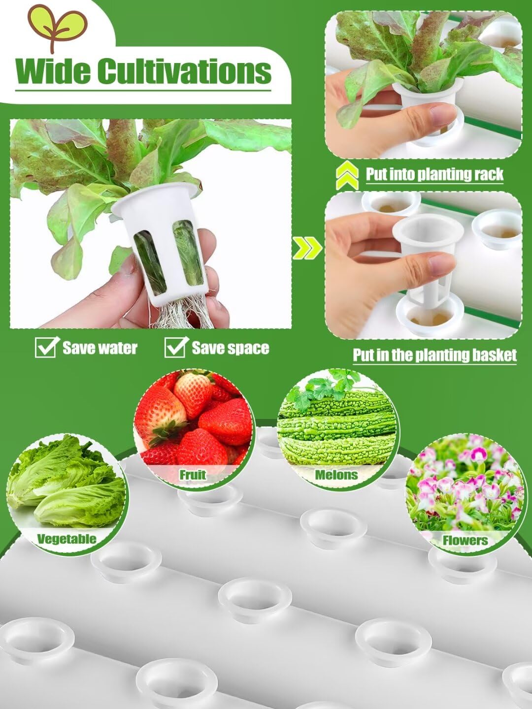 Kalolary Kit de cultivo hidropónico de 3 capas, equipo de plantación hidropónica de 108 sitios con bomba de agua, sistema de cultivo hidropónico con cestas de cultivo y esponjas