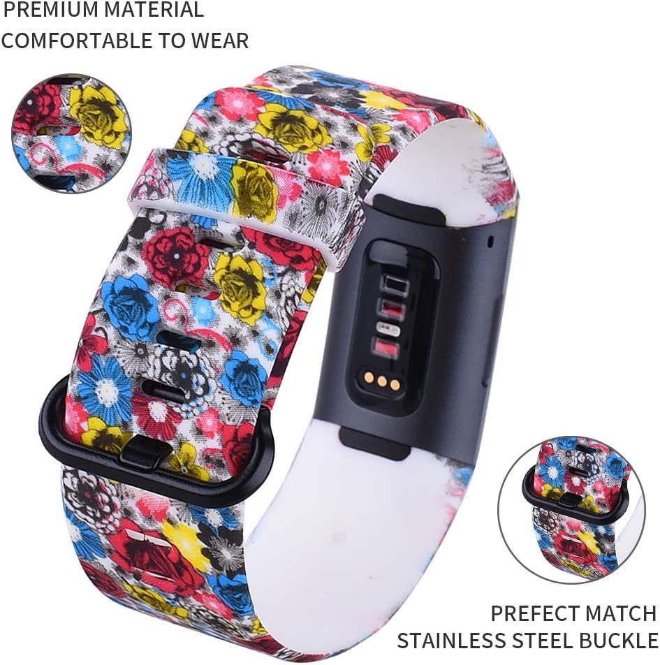 FunBand Cinturino Compatibile per Fitbit Charge 3/Charge 4, Impermeabile Resistente Modello Stampato Cinghie colorato Silicone Cinturino da Polso Fascia per Fitbit Charge 3/Charge 4
