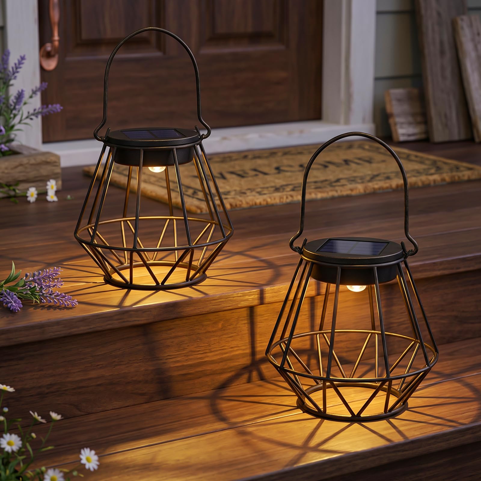 Kimjo Lampada Solare da Esterno Appendere/In Piedi, Impermeabili IP65 Lanterna Solare da Esterno, Lanterne Solari da Giardino a Forma di Sole, Luci Solaris Decorative per Balconi Giardini Terrazze