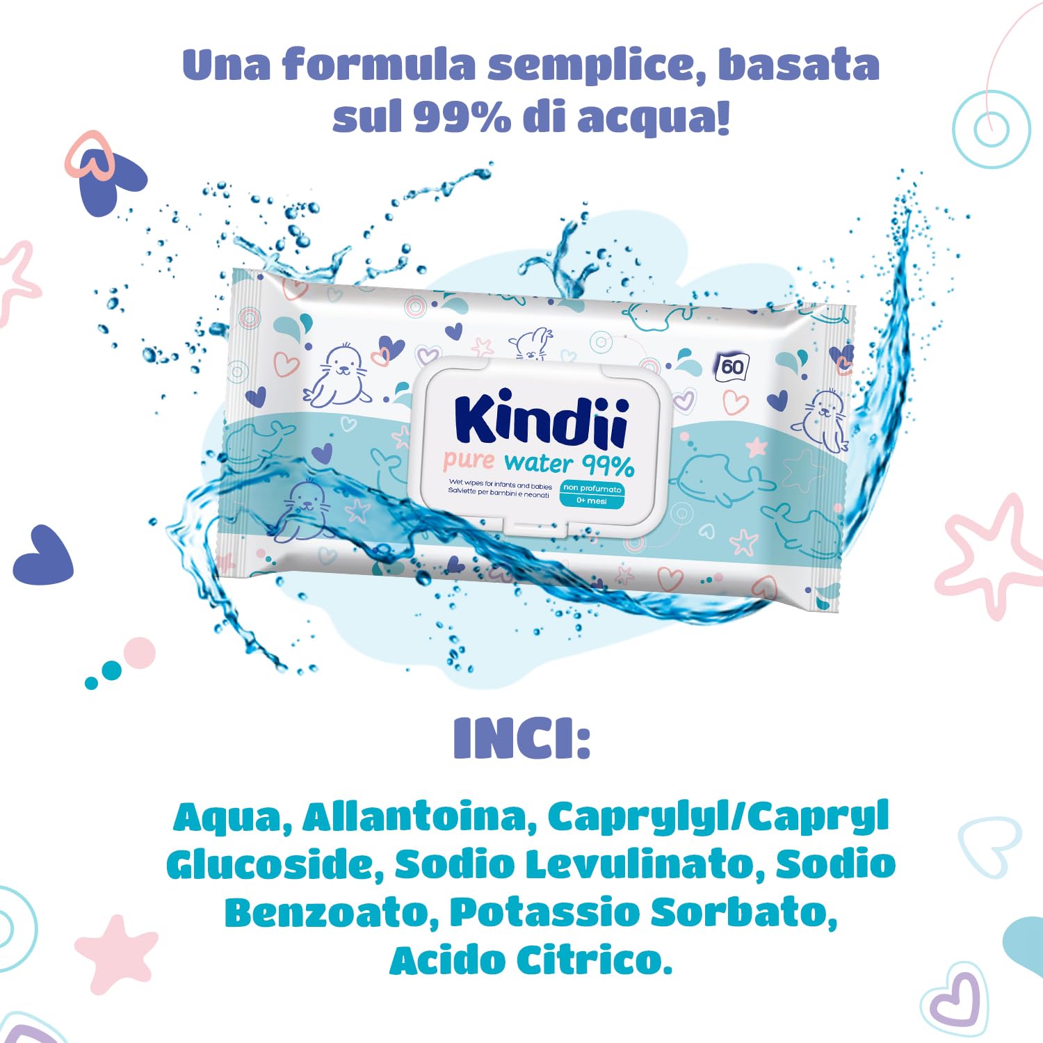 Kindii Salviette Umidificate Pure Water 99% - (60 Pz) Salviette - Composizione 99% Acqua, Allantoina, Senza Profumazione, Dermatologicamente Testate - 60 Pz
