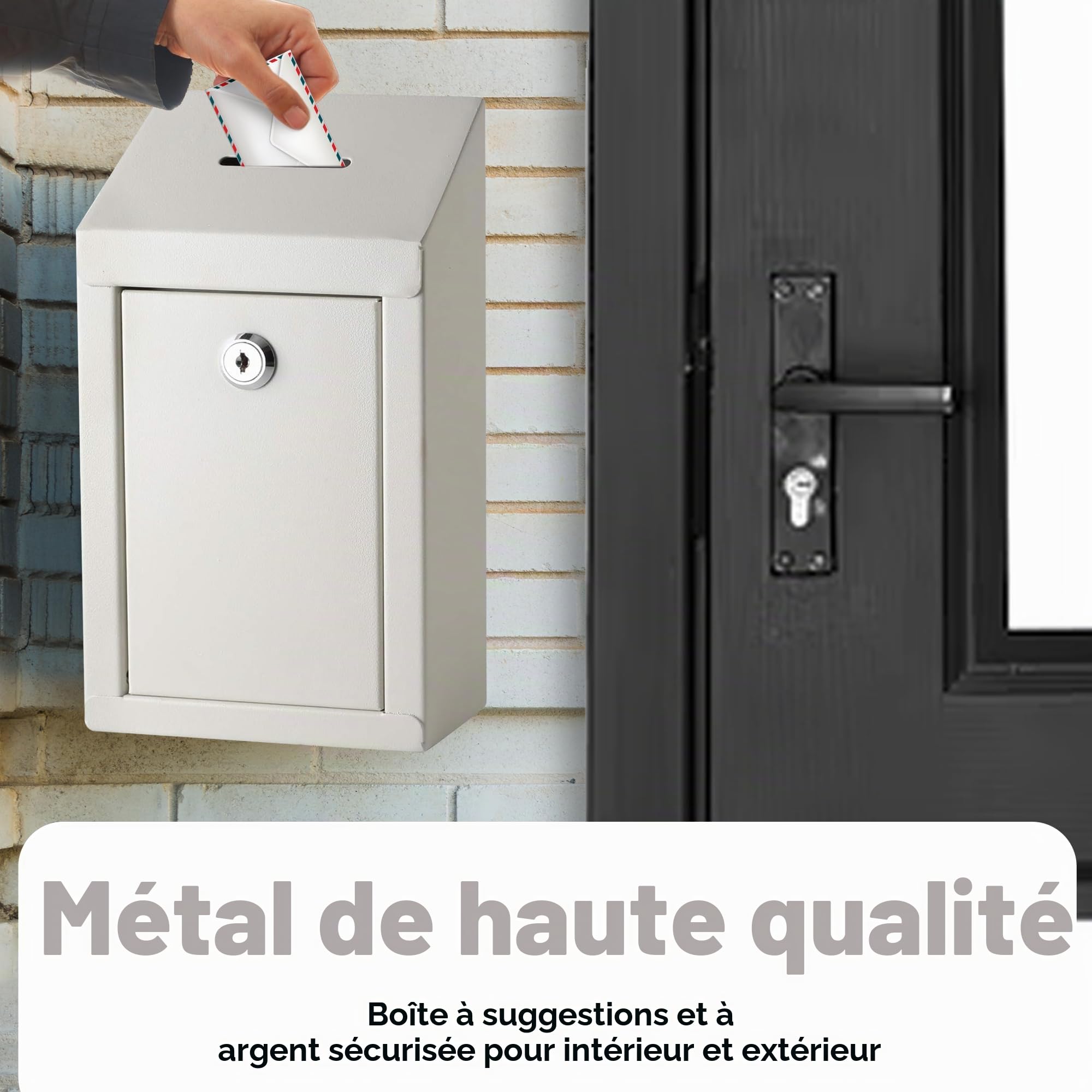 Boîte à suggestions en métal avec fente supérieure pour pièces de monnaie et serrure incluses avec 2 clés – Montage mural facile ou utilisation sur le comptoir (blanc cassé)