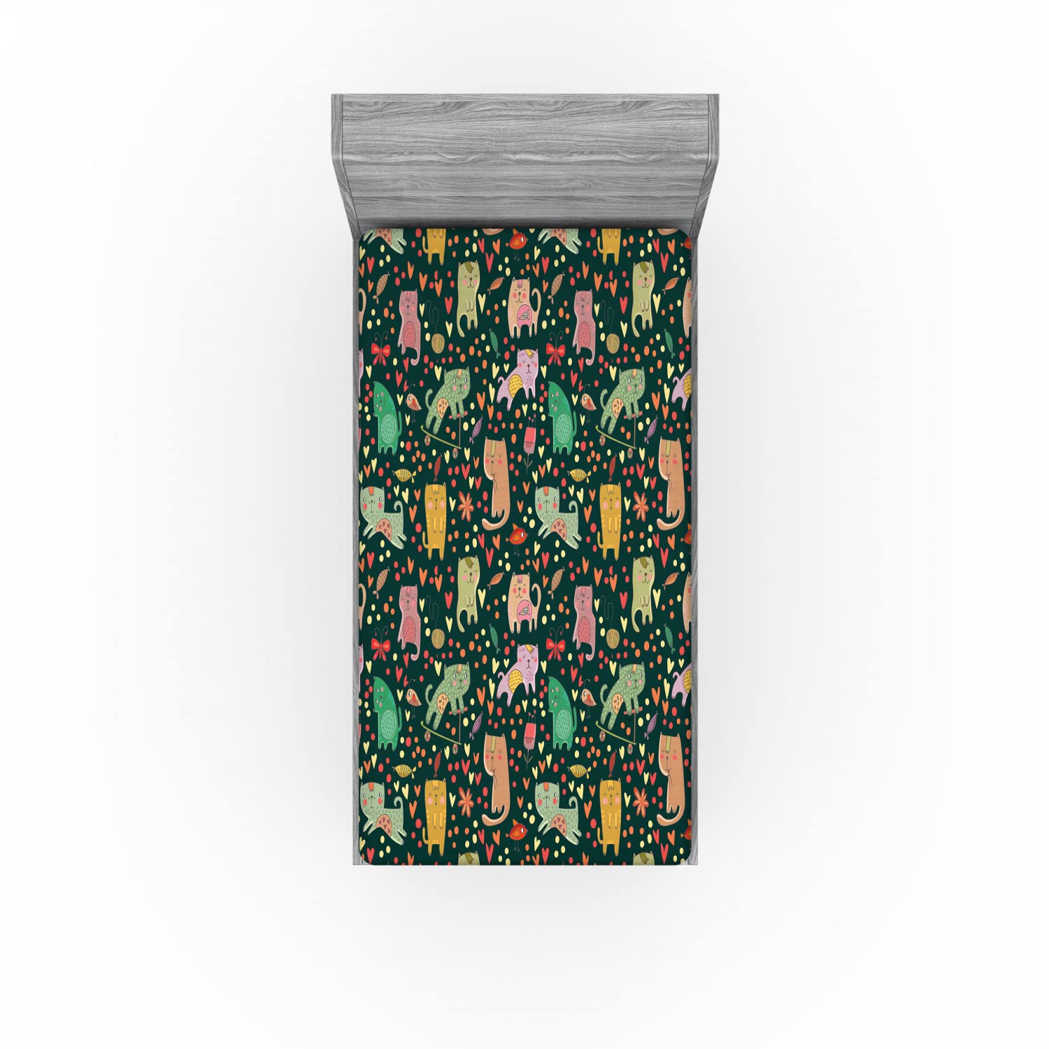 Ambesonne Cats 2 Pack Fitted Sheet, Nocturnal Theme Kittens, Bed Cover All-Round Elastic Deep Pockets 2 Pieces, Package Contains 2 Twin Size Fitted Sheets, Black Orange