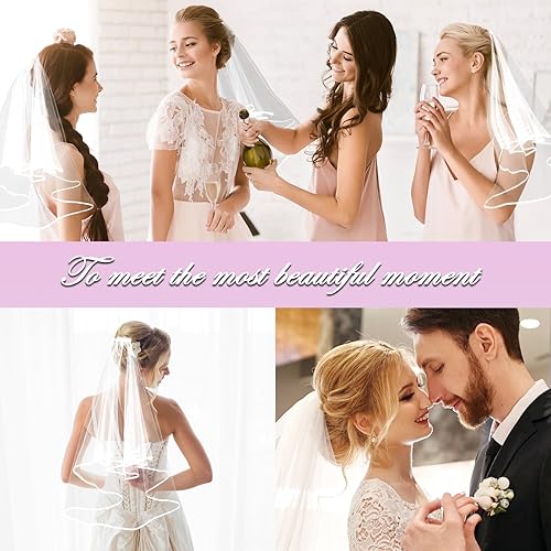 Miniatura 7 de Velo de novia corto de boda con peine, 2 niveles de tul velo de novia longitud codo velo de boda borde de cinta 60-80cm23-31in, Blanco