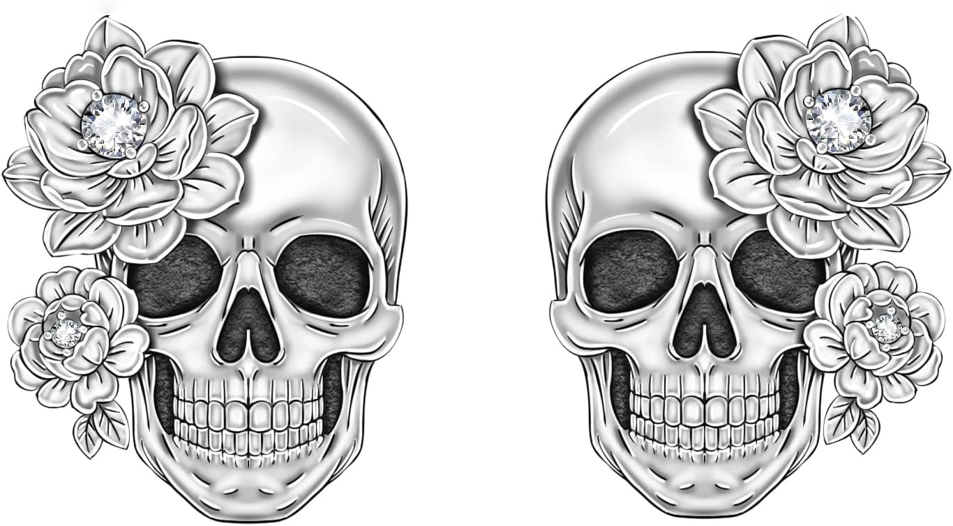 Skull Earrings Studs 925 Sterling Silver Skeleton Earrings for Men Women Hypoallergenic Goth with Rose Jewelry Hallloween Party Cosplay
