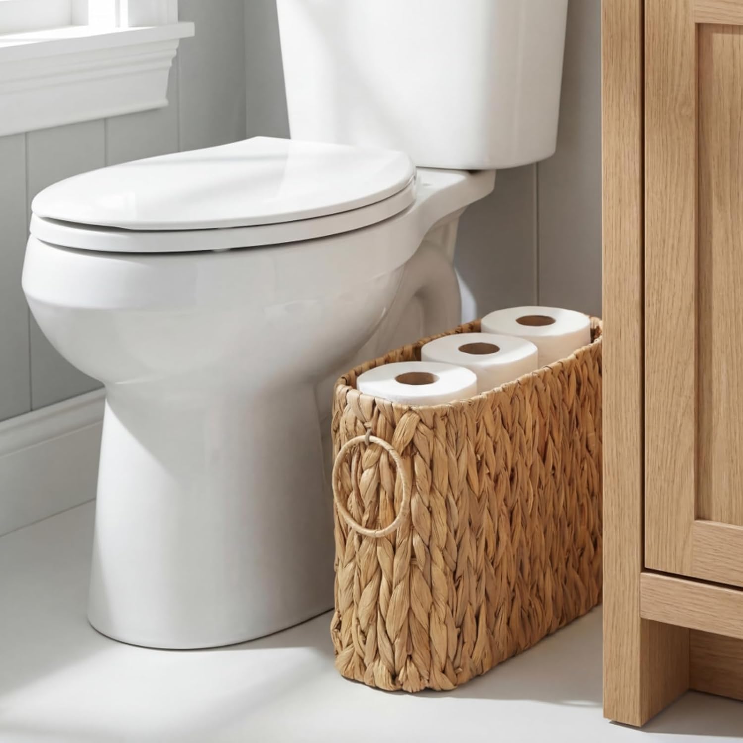 Toilet Paper Storage, Handwoven Toilet Paper Baskets with Handle for 9 Standard Rolls, Large Water Hyacinth Magazine Holder Narrow Wicker Trash Can for Bathroom Accessories