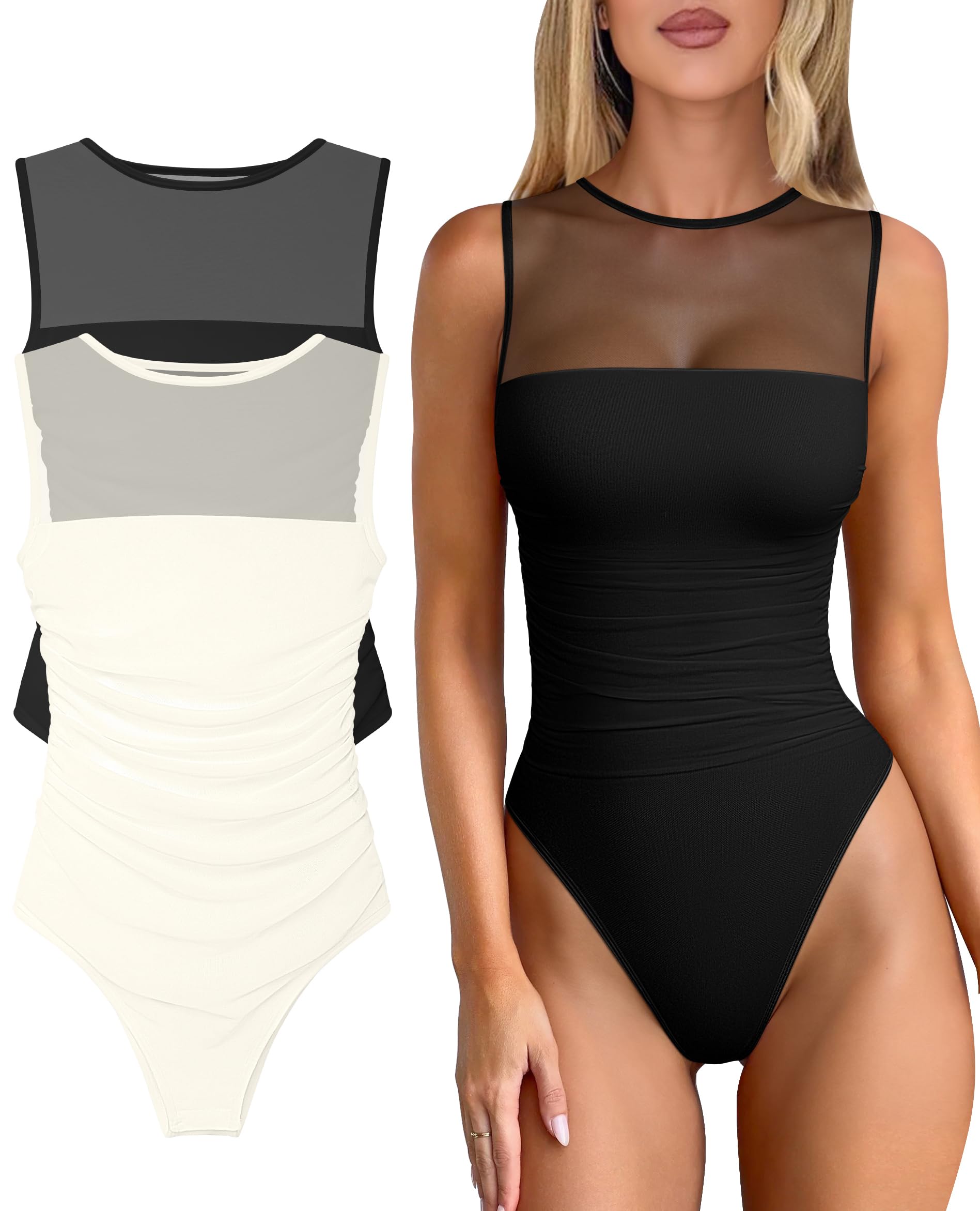 Photo 1 of OQQ Women 2 Piece Bodysuit Mesh Ruched Sleeveless Turtle Neck Shapewear Body Suits One Piece Leotard Shirt Going Out Tops Black Beige SIZE S