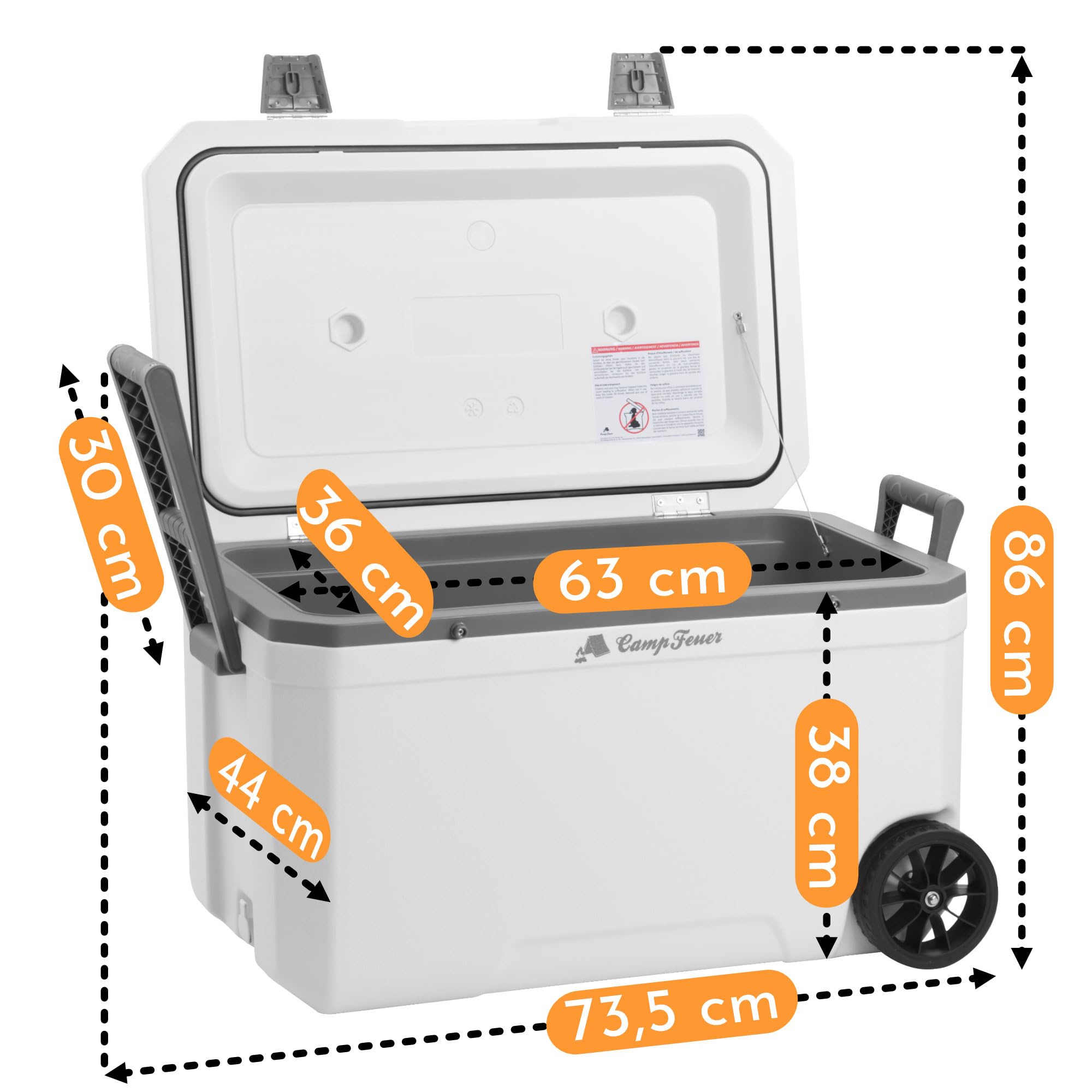 CampFeuer Glacière blanche de 70 litres avec roulettes - Glacière isotherme avec poignées - Boîte de refroidissement mobile - Mini réfrigérateur - Boîte à goûter - Glacière - Pour voiture et extérieur