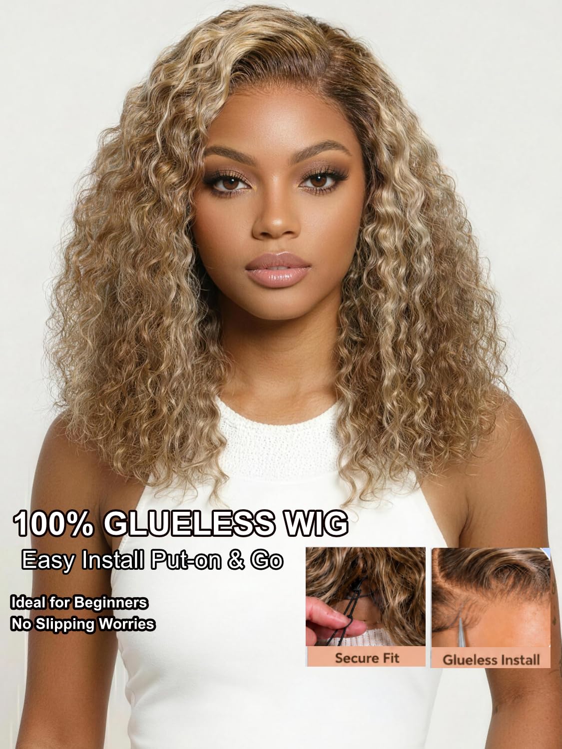 UNICE 7x5 Glueless Curly Bob Wig Human Hair, Honey Blonde Highlight Side Part Short Bob Wig, 7x5 Lace Front Wig Pre Plucked Bleached Knots, Drawstring Wig Ready to Go, 180% Density 10 Inch