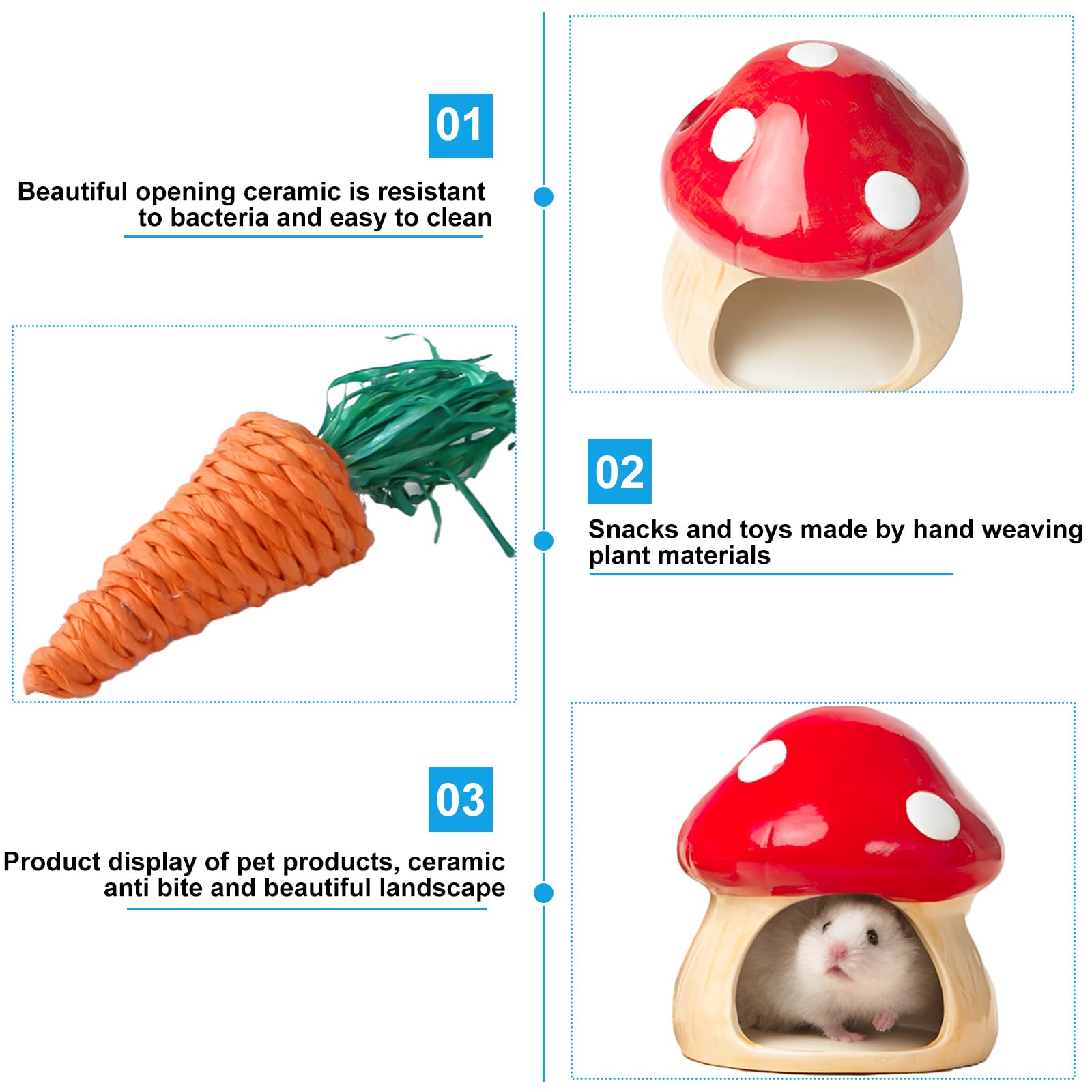 Maison en céramique pour hamster : cachette durable pour hamster, hamster et tunnel pour jouets dentaires en forme de champignon, grandes entrées pour gerbilles, souris, chinchillas (rouge)
