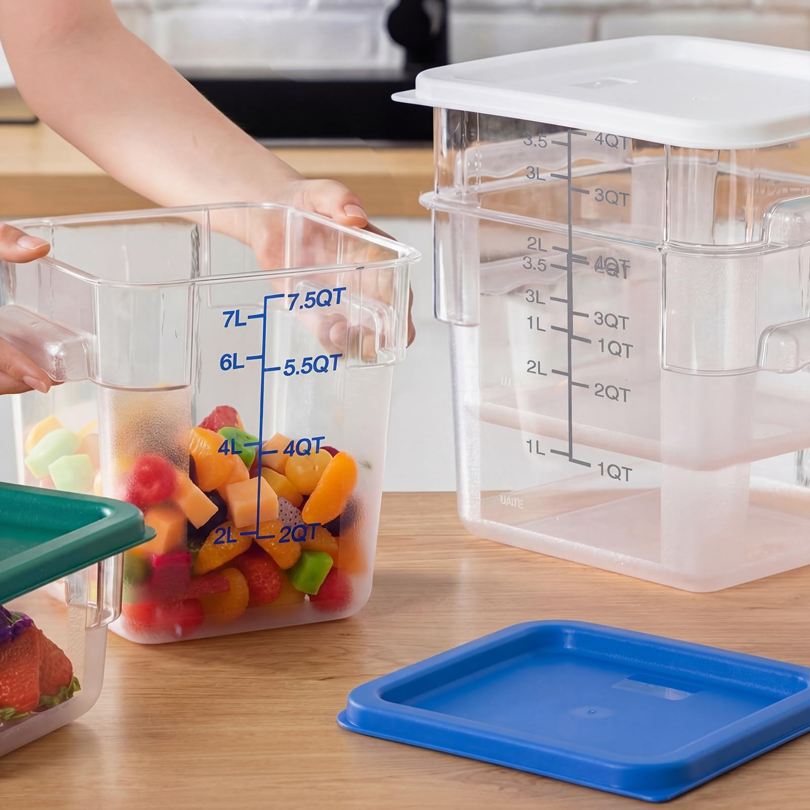 Lallisa Transparente Frischhaltedosen mit Deckel, Griffen und Waage, handelsübliche Qualität, quadratisch, luftdicht, für Zuhause, Küche, Restaurant, 4 Stück, 8 l und 4 l (Weiß, Blau)
