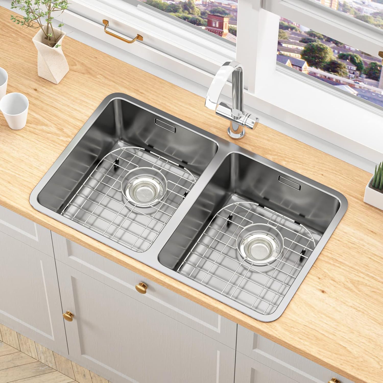 Sink Grid Protectors 14.5"x11", 2 Packs of Stainless Steel Sink Grates,Kitchen Sink Racks with Rear Drain Hole and Strainer,Bottom Sink Grid with Corner Radius 3-1/2"