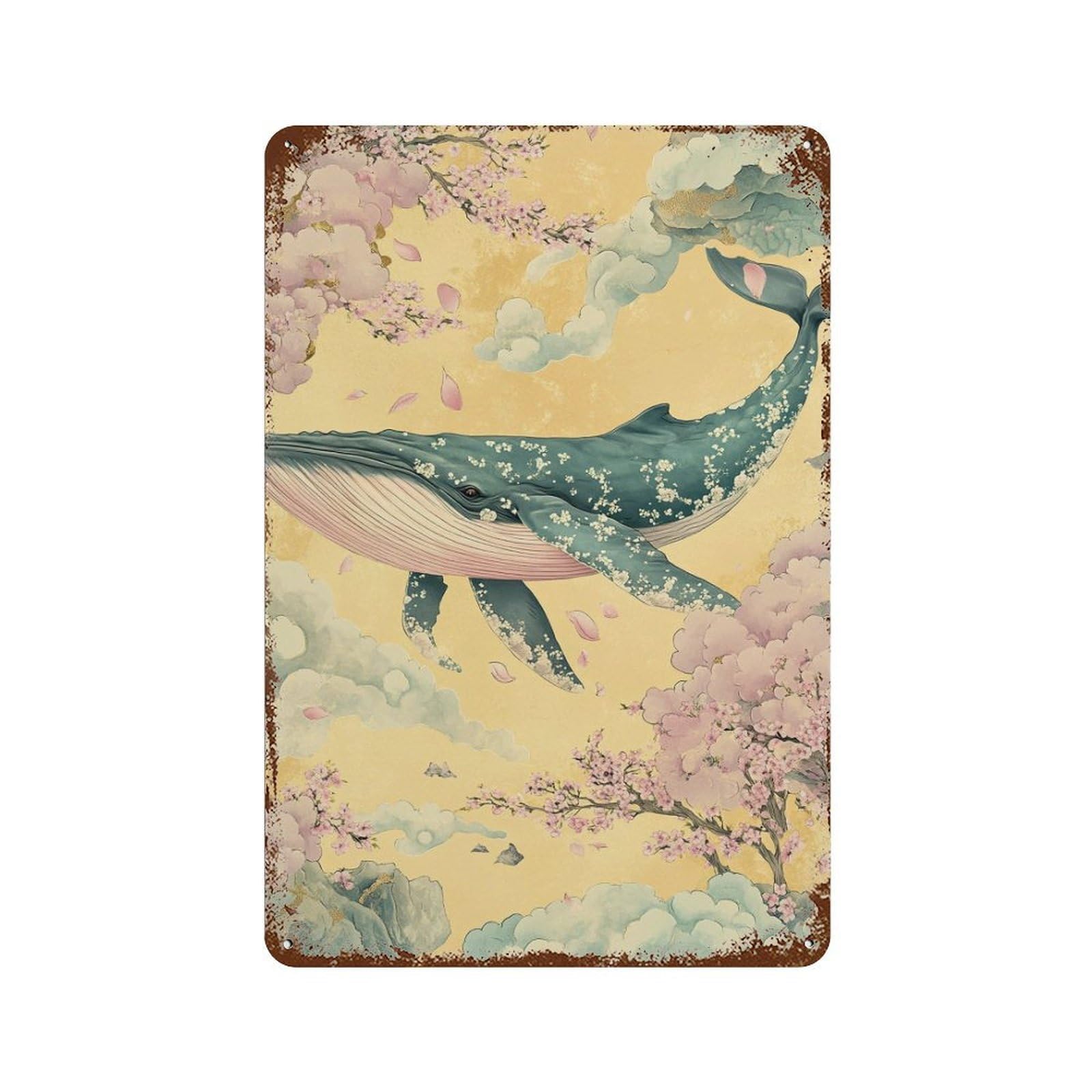 Rust Effect Whale in Cherry Blossom Sky-2 Rusty Metal Tin Sign 11.8"x7.9", Old School Wall Decor for Garage, Bar And Workshop Decor