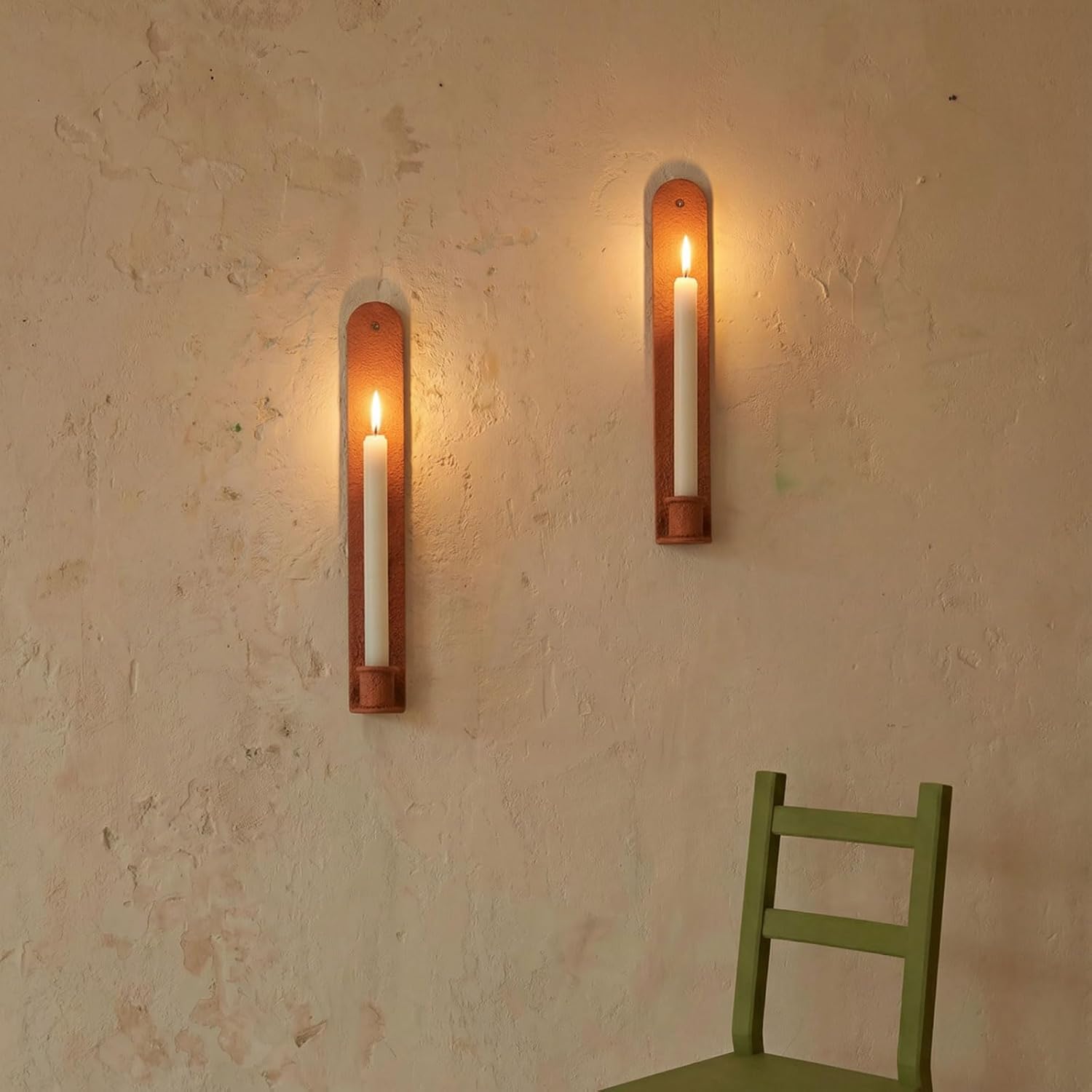 Wall Candle Sconces Set of 2, Classic Iron Farmhouse Holders for Taper Candles, Rustic-Textured Powder-Coated Wall Mounted in Orange for Living Room, Hallway Decor