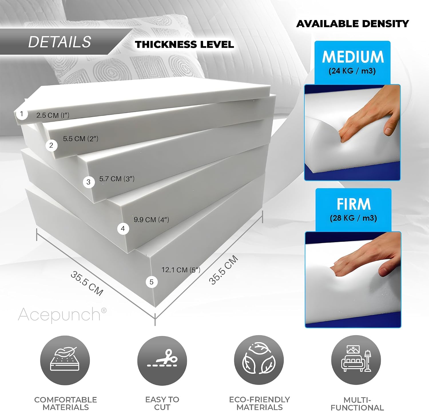 Acepunch High Density Cushion Craft Foam 2" x 14" x 14" - Perfect for Armchairs, Sofas and Various Furniture Seat Replacement, 1 Count
