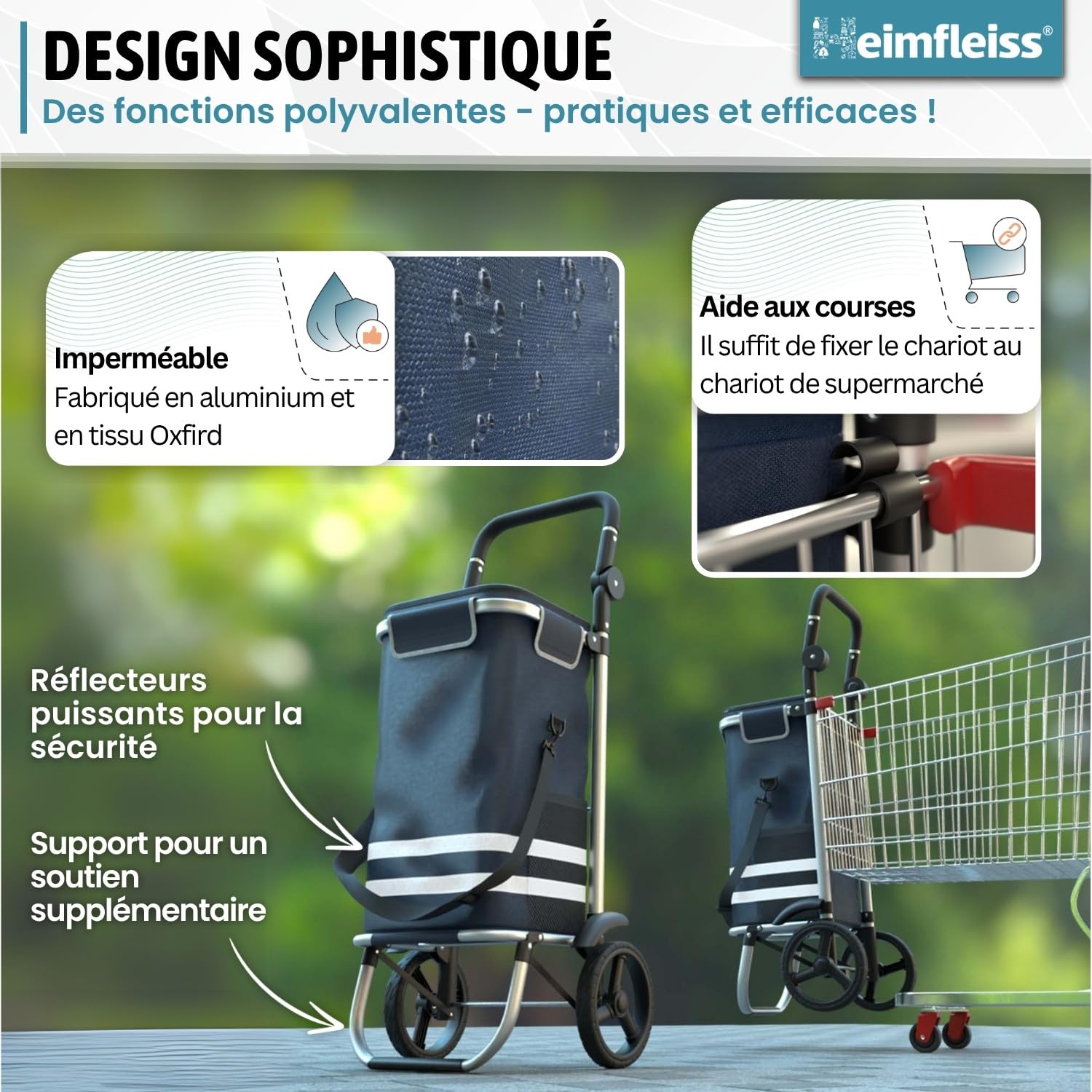 Heimfleiss® Chariot de Courses Pliable 56L | Caddie de Courses Pliant avec 50kg de Charge Utile | Sac de Courses Léger à roulettes | Chariot de Shopping XL avec Compartiment Isotherme | Bleu