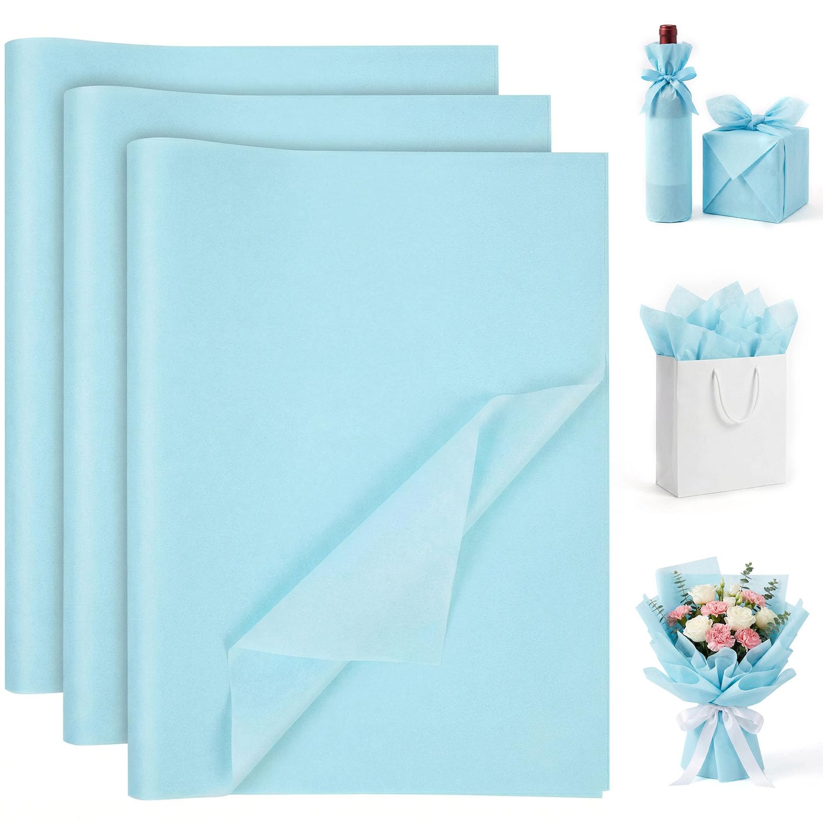 Koogel 120 Sheets Blue Tissue Paper, 14x20 Inch Tissue Paper for Gift Bags Light Baby Blue Wrapping for DIY Crafts Party Holiday Decorations
