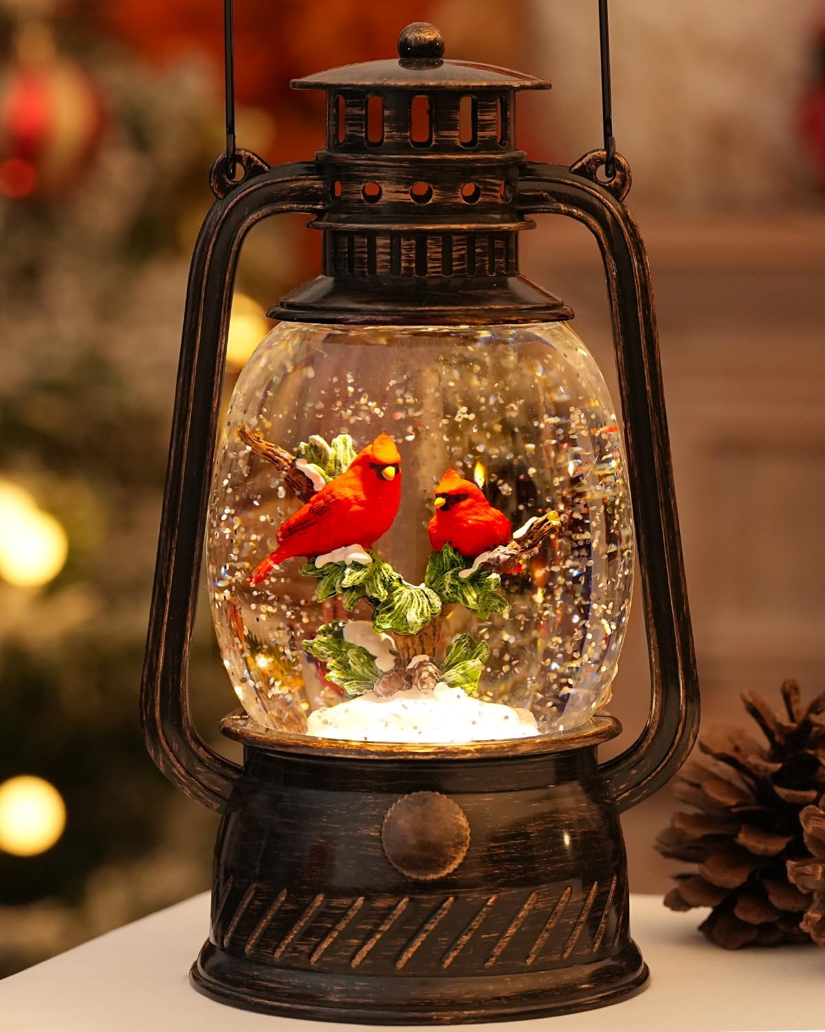 Christmas Snow Globes Cardinal Gifts,Christmas Decorations Cardinal Snow Globe, Musical Lantern Light Up 6H Time Glitter Globe Cardinal Red Bird Memorial Gift for Women
