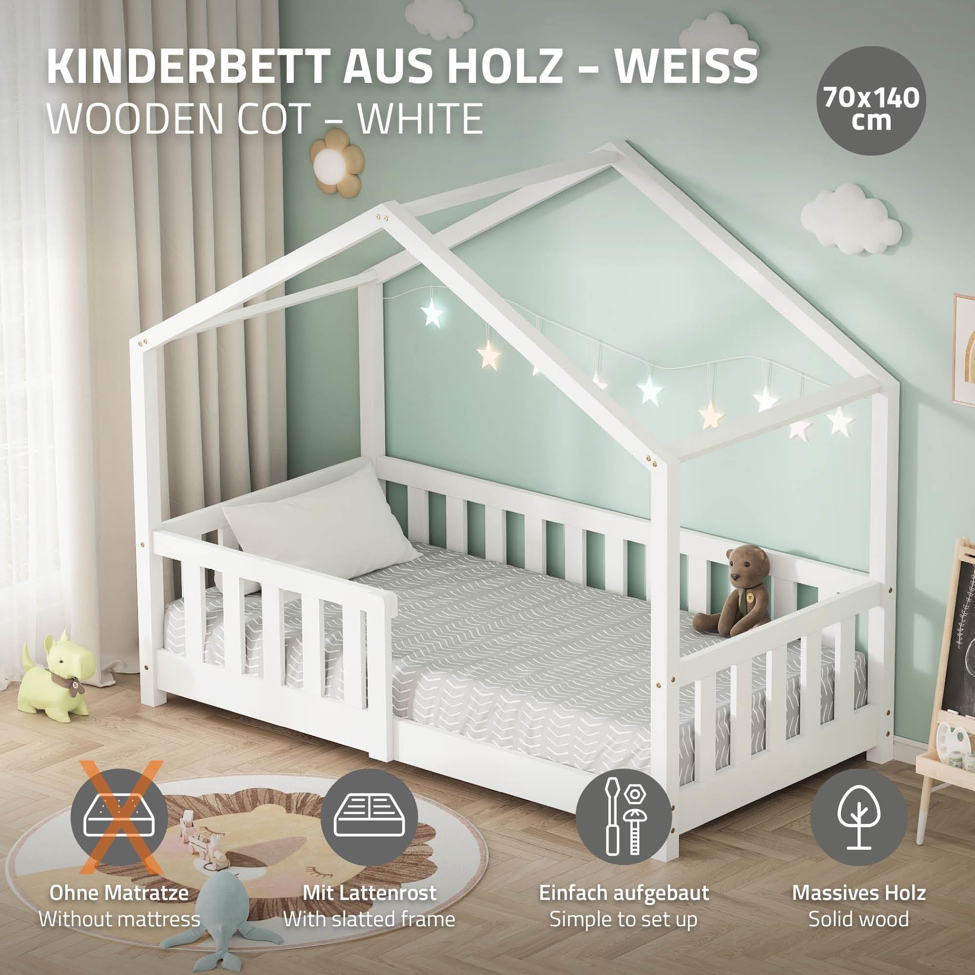 ML-Design Kinderbett Hausbett 70x140 cm Weiß, Holzbett mit Rausfallschutz, Lattenrost und Dach, Spielbett aus massivem Kiefernholz für Kinder, Montessori Bodenbett Bettgestell Bettenhaus Juniorbett