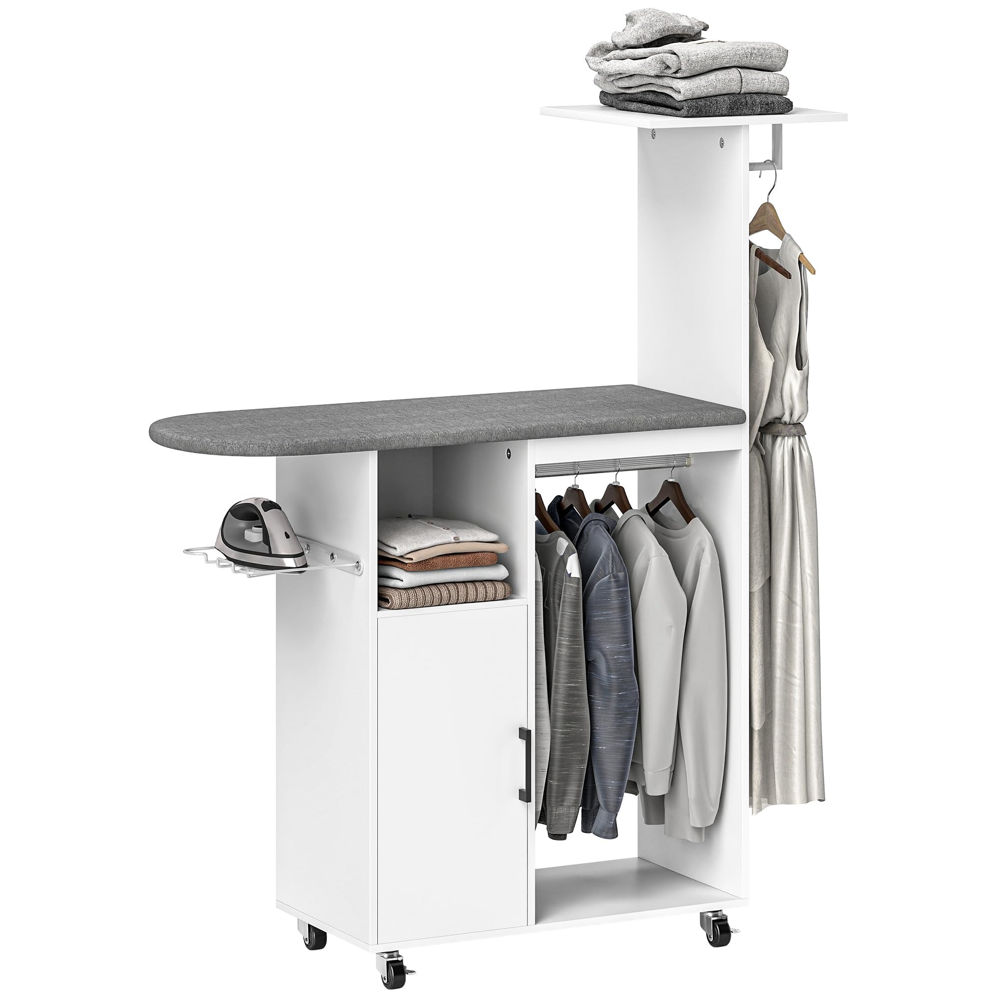 HOMCOM Mueble de Planchar Ruedas Soporte Lateral 127,5x43,5x153 cm Blanco | Mueble de Planchado, Tabla de Planchar, Barra para Ropa, Estante Ajustable