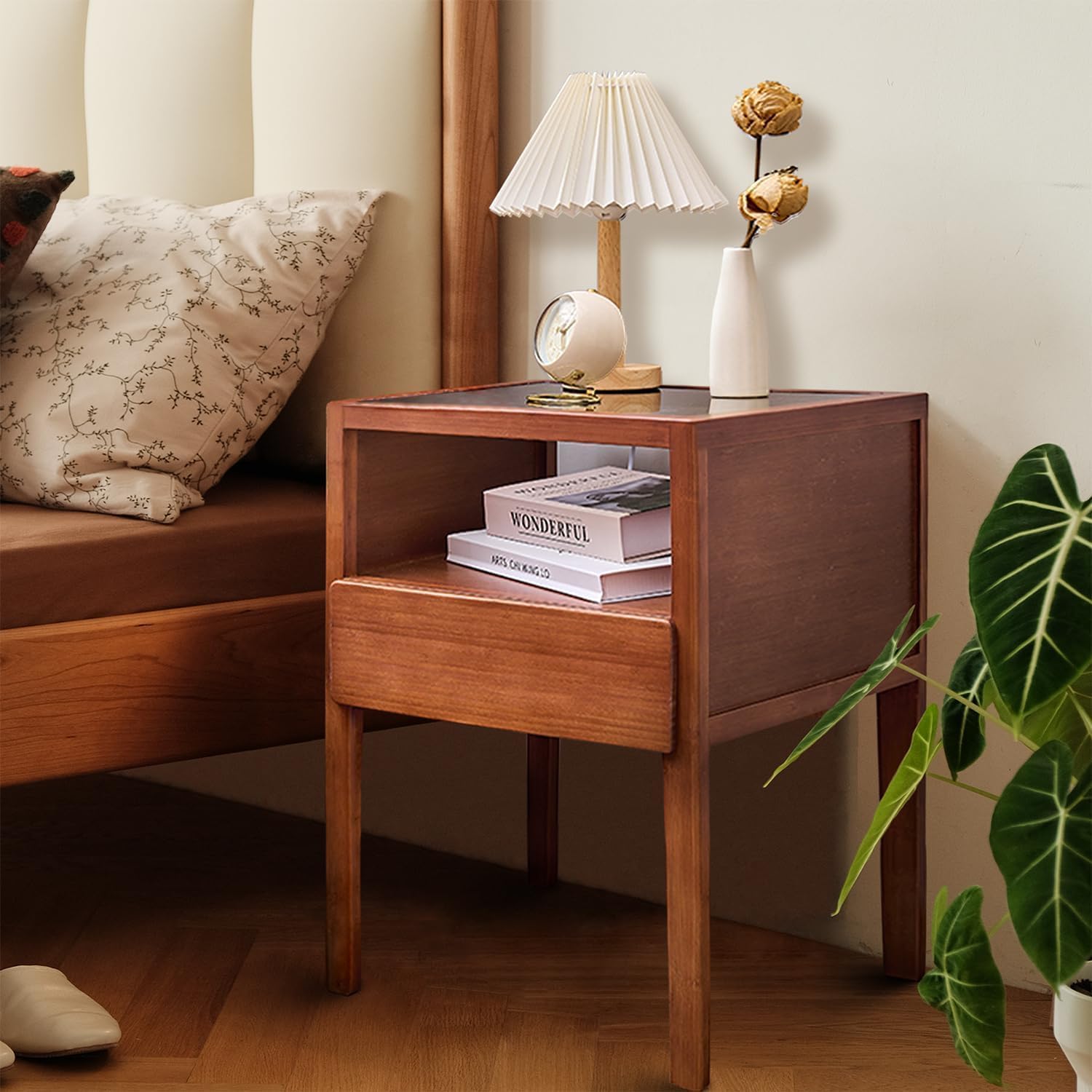 JIKUGO Bamboo Nightstand with Tempered Glass Surface - Eco-Friendly Multi-Functional Bedroom Side Table Walnut Tea