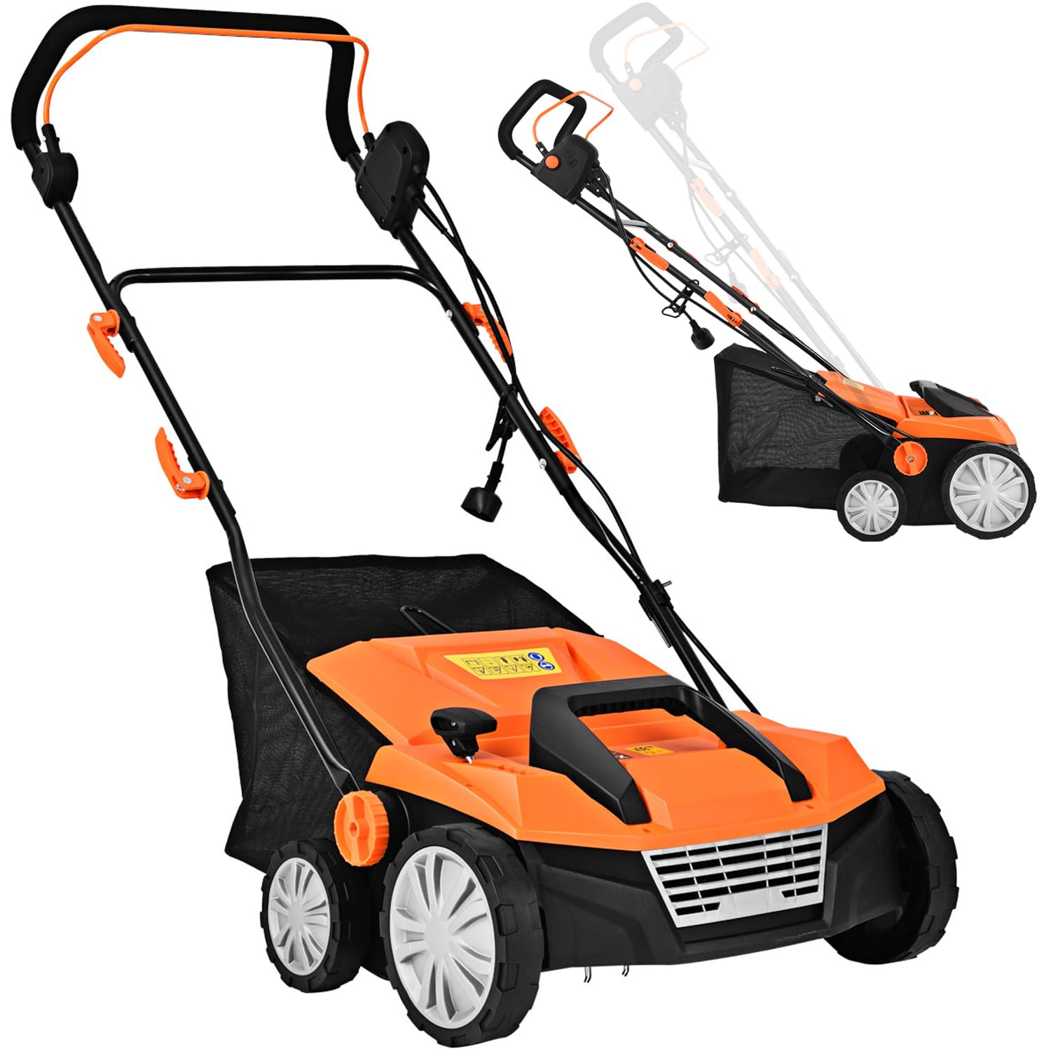 RELAX4LIFE Scarificateur Aérateur Électrique 1800W jusqu'à 350m² avec Bac de Ramassage 45L, Profondeur&Hauteur Réglable,Verrou de sécurité pour Gazon Sol (Orange, 45L-1800W)