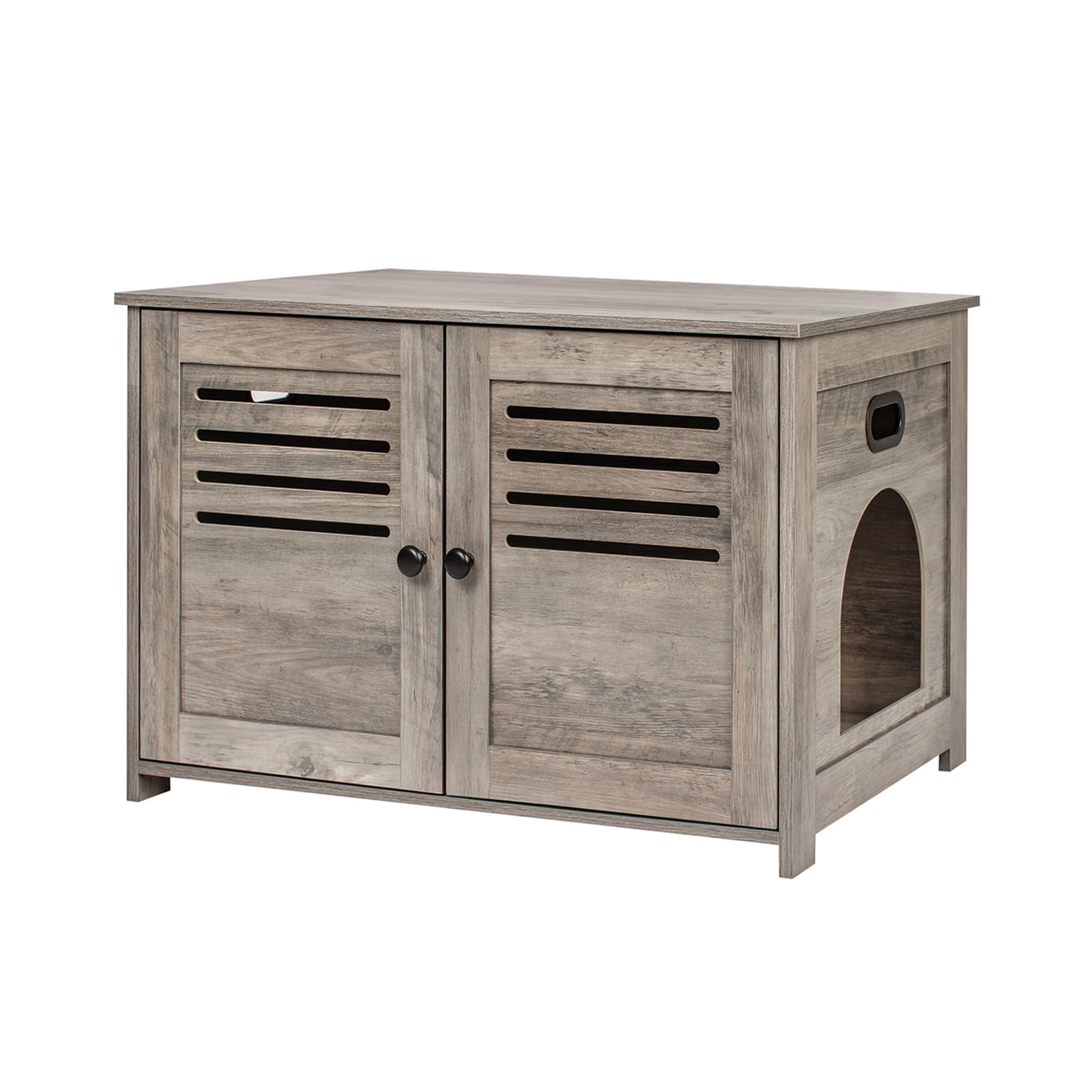 DINZI LVJ Litter Box Enclosure, Cat Litter House with Louvered Doors, Entrance Can Be on Left or Right Side, Spacious Hidden Cat Washroom for Most of Litter Box,Furniture Cabinet, Greige