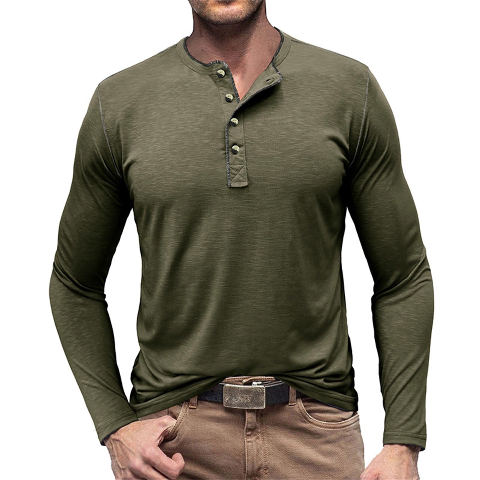Mens Henley Shirts Spring Fall Long Sleeve Collarless 3/4 Button Shirts Casual Cotton Tees Fashion Classic Lightweight Tops