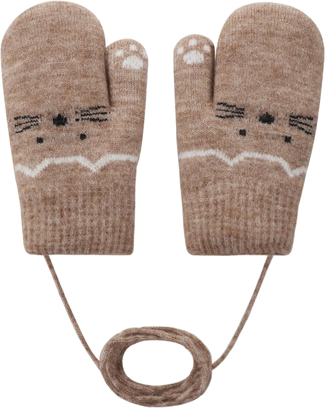Toddler Knitted Gloves with String 0-3 Years Kids Cute Cat Pattern Thickened Plush Lined Winter Warm Gloves for Cold Weather