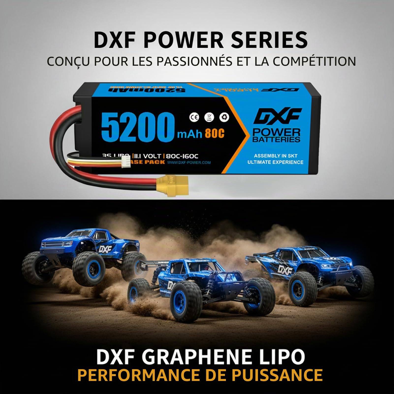 DXF Batterie LiPo 3S 11.1V 5200mAh 80C avec Prise XT90, Lot de 2 Batteries Lithium Polymère Haute Performance pour Hélicoptère RC Avion Bateau Voiture Drone Multi-Rotor Modélisme