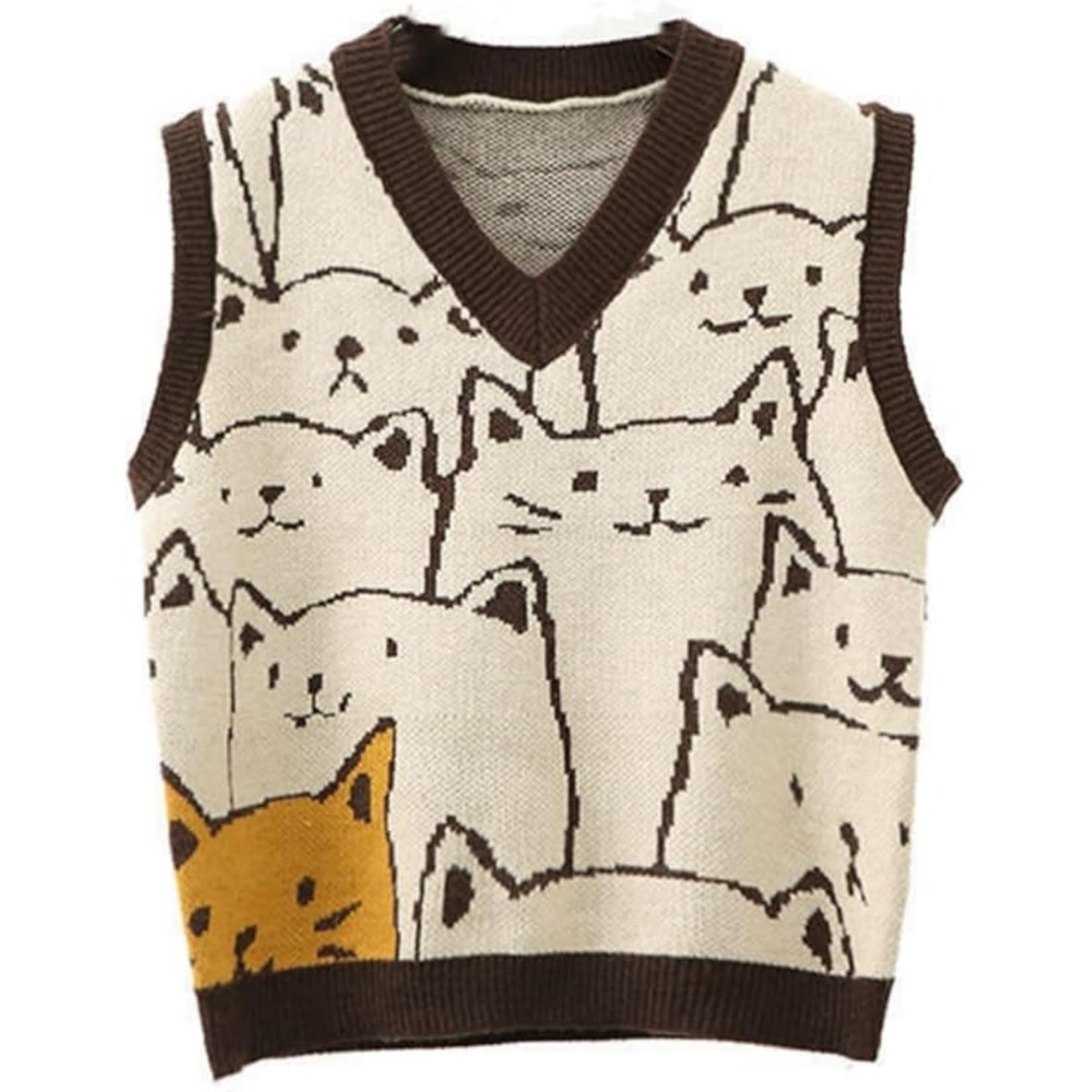 Dawwoti Women’s Knitted Sweater Vest Sleeveless Pullovers Jumpers Cat Pattern Sweatshirts for Winter Autumn Spring