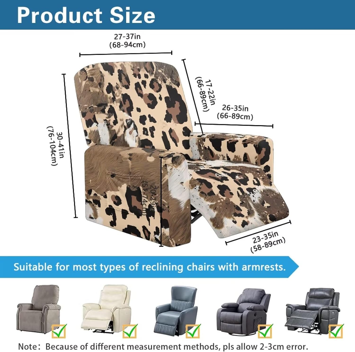 FOR U DESIGNS Leopard Stain Resistant Recliner Cover 4-Piece Set Elastic Stretch Fabric with Storage Pockets Universal Fit for Small Recliners Scratch Proof