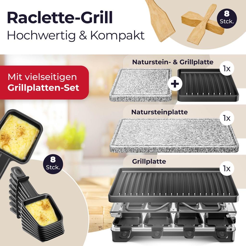 KESSER® Griglia per raclette con pietra naturale, piastra per grigliare griglia da tavolo per 8 persone, griglia elettrica per raclette con piastra antiaderente, 8 pentole e spatola, Nero