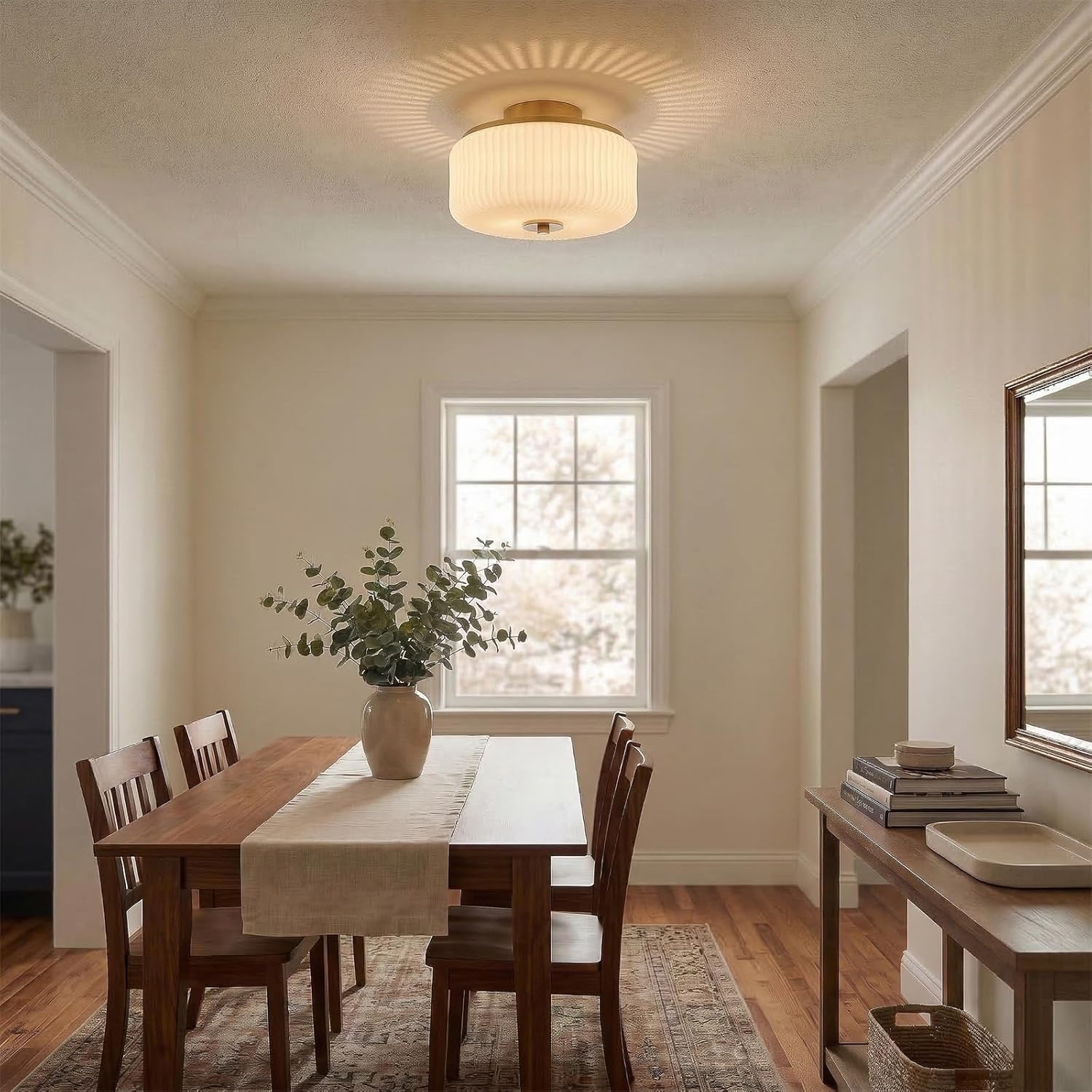 3-Light Gold Flush Mount Ceiling Light, 11.8" Modern Schoolhouse Light Fixtures Ceiling Mount with Ribbed Opal White Glass Shade, Anti-Glare Close to Ceiling Lamp for Bedroom Kitchen Hallway Entryway