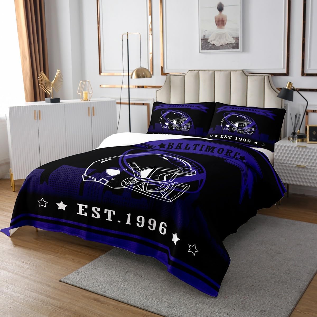 Erosebridal Football City Queen Size Coverlet Set American Football Quilt Set Rugby Game Bedspread Sets Modern Stars Stripes Bedding Set for Kids Teens Adult Bedroom,(Minnesota) Purple Yellow