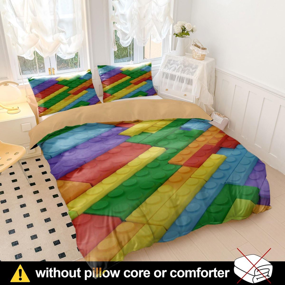 Parure de lit en microfibre douce avec housse de couette et 2 taies d'oreiller Motif briques colorées et géométriques modernes (Style 3, lit simple 135 x 200 cm + 65 x 65 cm x 2)