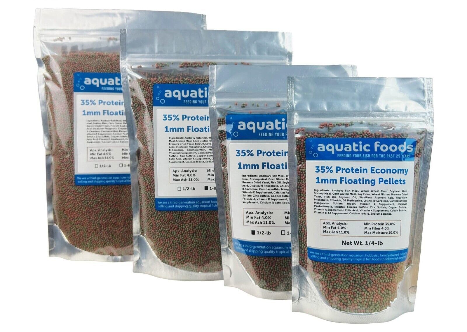 Aquatic Foods Inc. 1mm - 1/32, 35% Protein Economy Floating Pellets for All Community Fish, Tetras, Guppies, Angel Fish, Cichlids, Goldfish. All