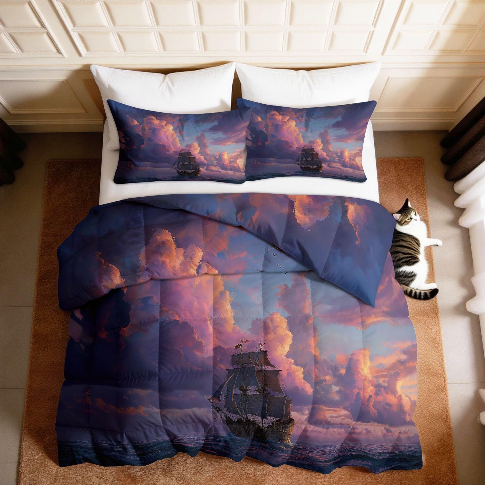 Kołdra Anime Fantastyczna 240 x 220 cm, na 4 pory roku, romantyczna, żaglówka, zachód słońca, chmury, dwustronna, miękka, całoroczna kołdra bez poszewki, dla dzieci, młodzieży, nadaje się do prania
