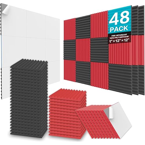 JBER 48 Pack Acoustic Foam Panels, 1" X 12" X 12" Upgraded Self-Adhesive Studio Soundproofing Wedges Fire Resistant Sound Proof Padding Acoustic Treatment Foam - Black & Red
