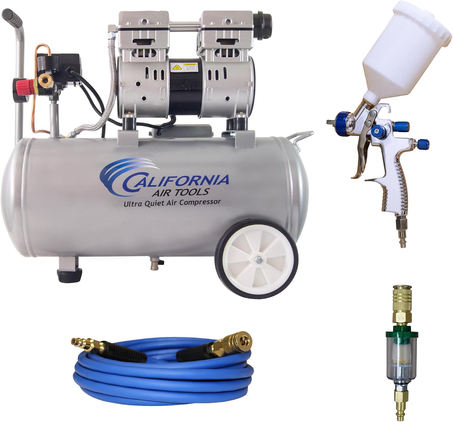 California Air Tools 8010 PK 1.0 HP Ultra Quiet and Oil-Free Air Compressor and LVLP Spray Painting Kit, 8 Gallon Steel Tank, Lightweight with Wheels, 60 dBA Noise Level