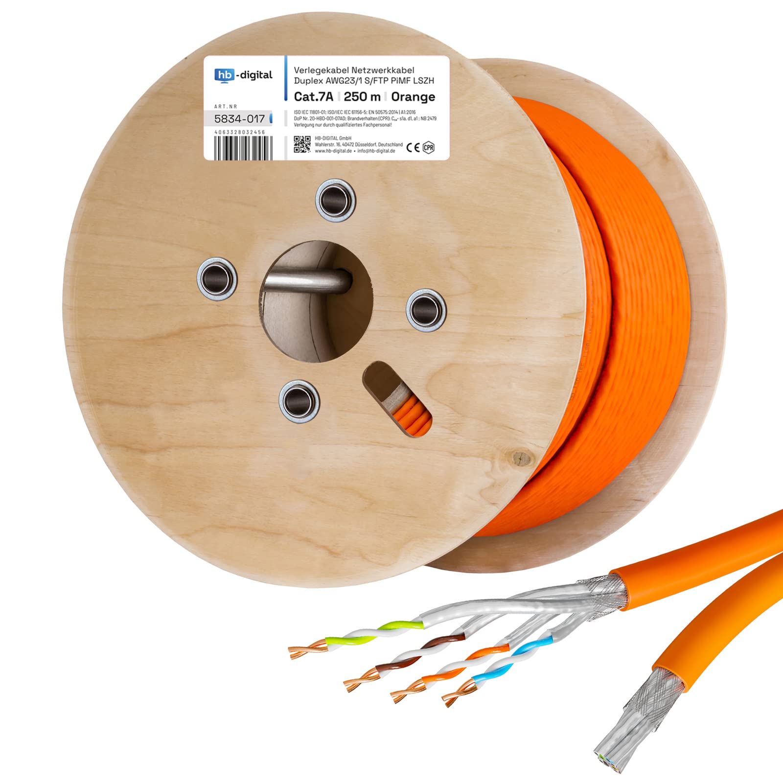 HB-DIGITAL 250m Netzwerkkabel LAN Duplex Verlegekabel Cabel cat.7a max. 1200MHz Reines Kupfer S/FTP PIMF LSZH Halogenfrei RoHS-Compliant AWG23 (2 verbundene Strängen) Orange