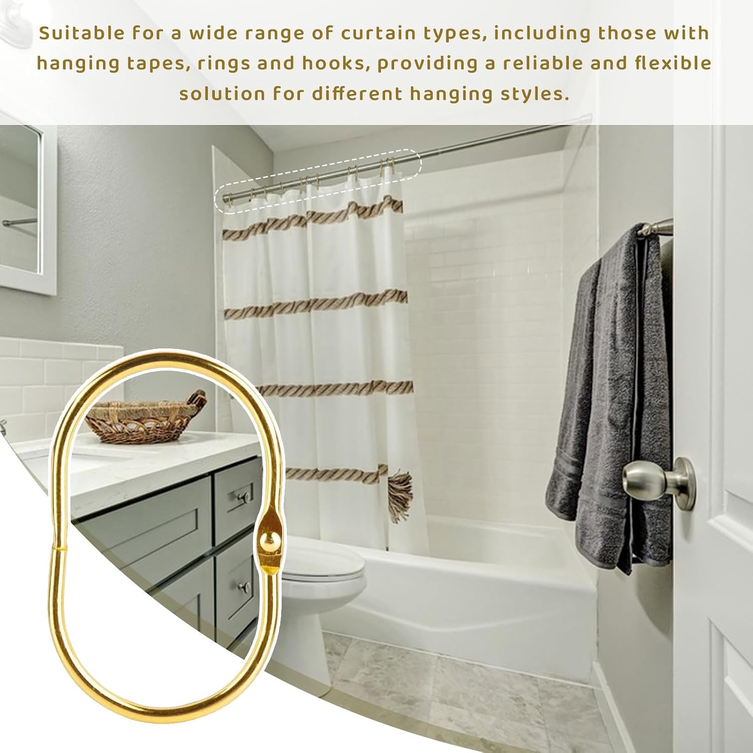 12pcs Gold Shower Curtain Hooks and Rings, Oval-Shaped Clips, Curtain Rod Rings, Rust-Proof Metal, Commonly Used in Bathrooms and Curtains.