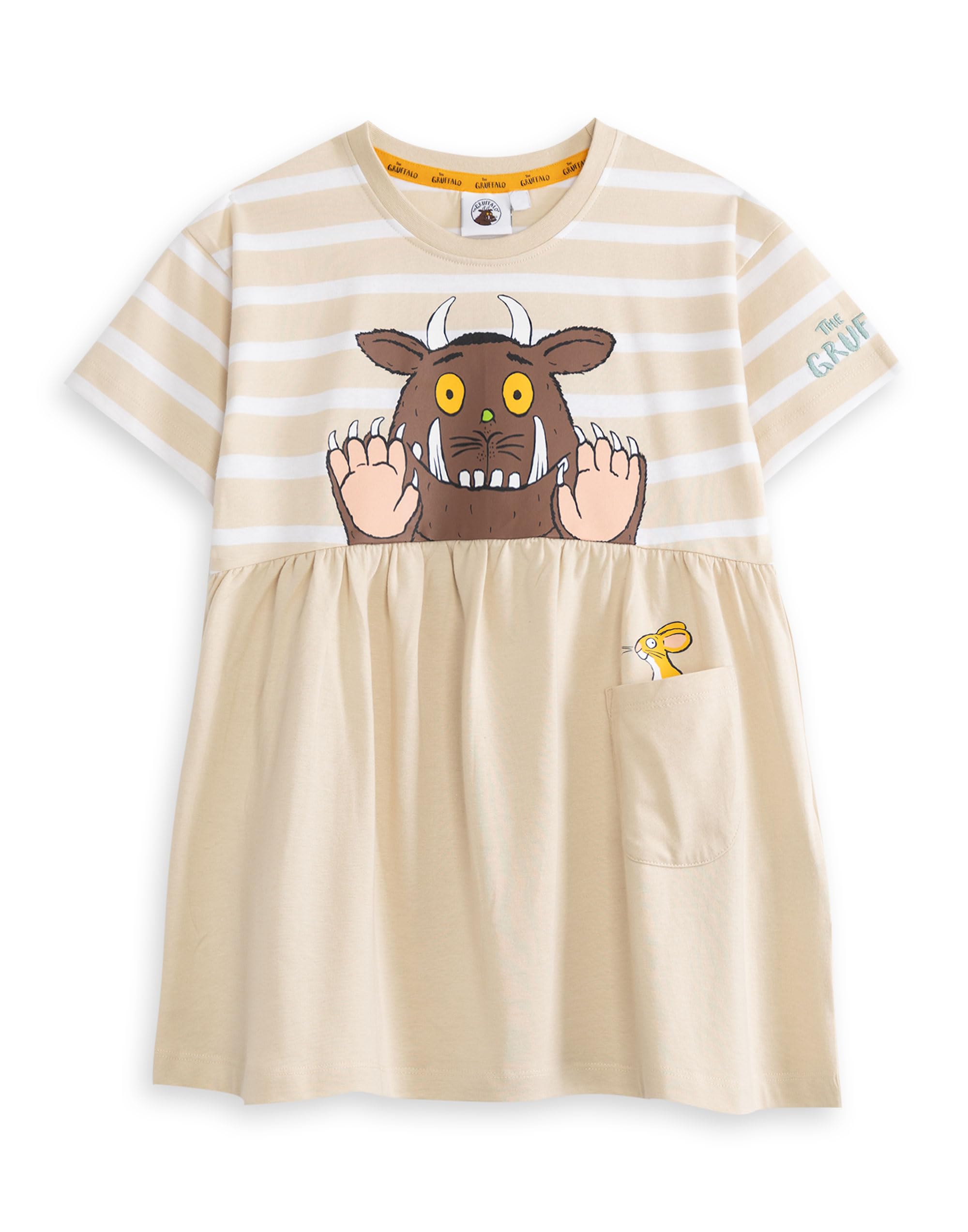 Gruffalo Girls Beige & Friends Dress | Character Stripe Short Sleeve Crew Neck Streetwear For Kids | Cartoon Print | Perfect For Playdates Merch - 3-4 Years