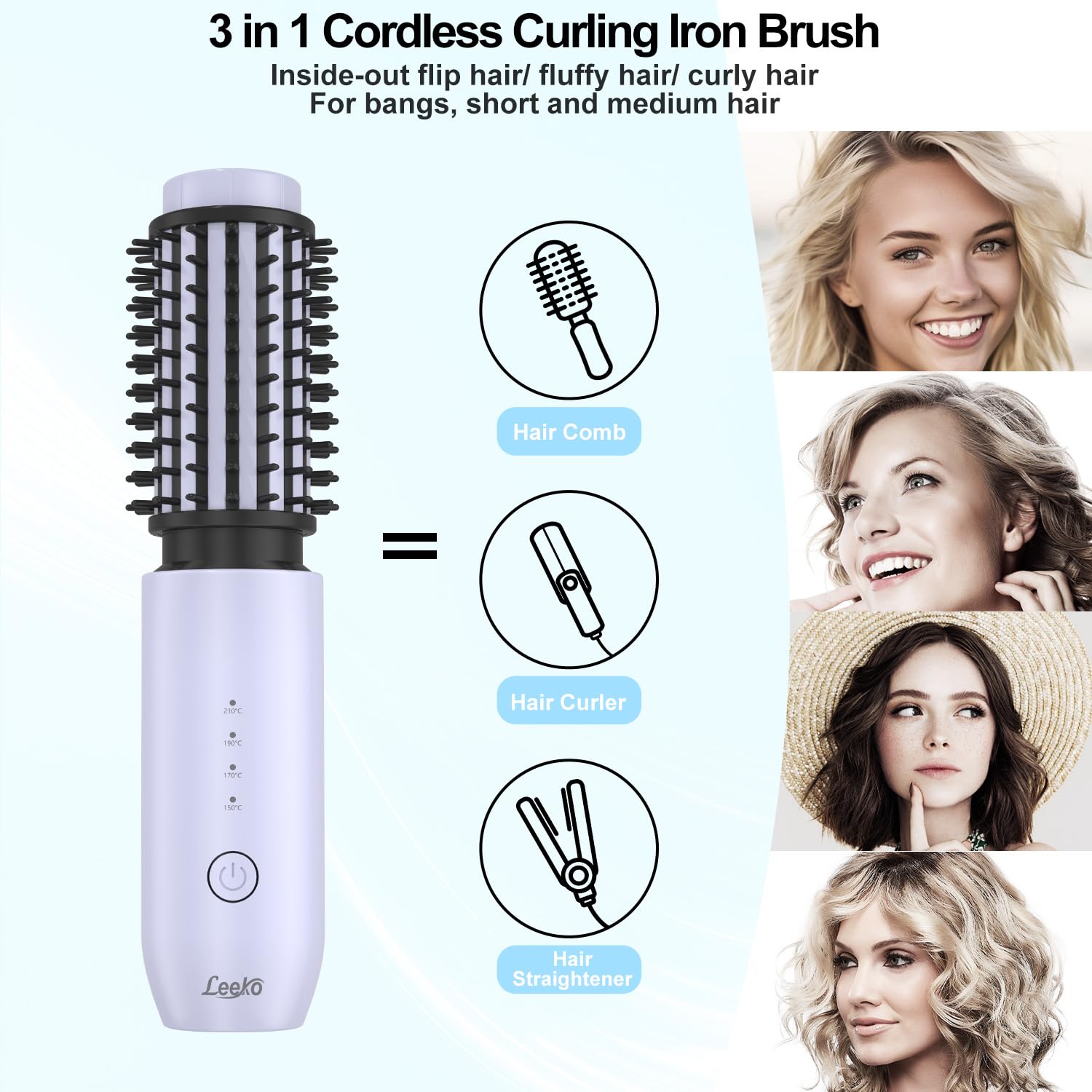 Mini brosse à friser sans fil 3 en 1 avec 4 températures, fer à friser chauffant d'extérieur et fer à lisser de voyage, 7000 mAh rechargeable par USB (violet)
