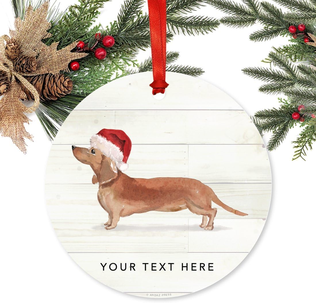 Andaz Press Personalized Animal Pet Dog Metal Christmas Ornament, Tan Dachshund with Santa Hat, 1-Pack, Includes Ribbon and Bag, Custom Name Dachshund Ornament